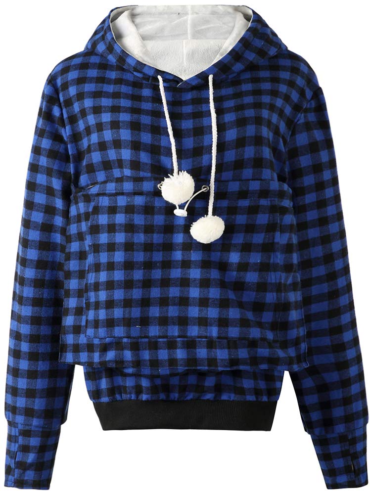 Jomago Womens Pet Carrier Thin Hoodies Kitten Puppy Pouch Shirts Animal Holder Hood Long Sleeve Sweatshirt Plaid Blue