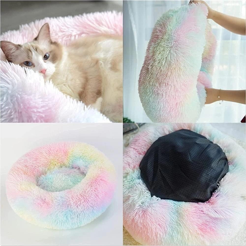 Cat Beds For Indoor Cats - Cat Bed Washable 20/24 Inches, Dog Beds For Small Medium Dogs, Anti Anxiety Round Fluffy Plush Faux Fur Cat Bed, Thick Bottom (Rainbow, Medium)