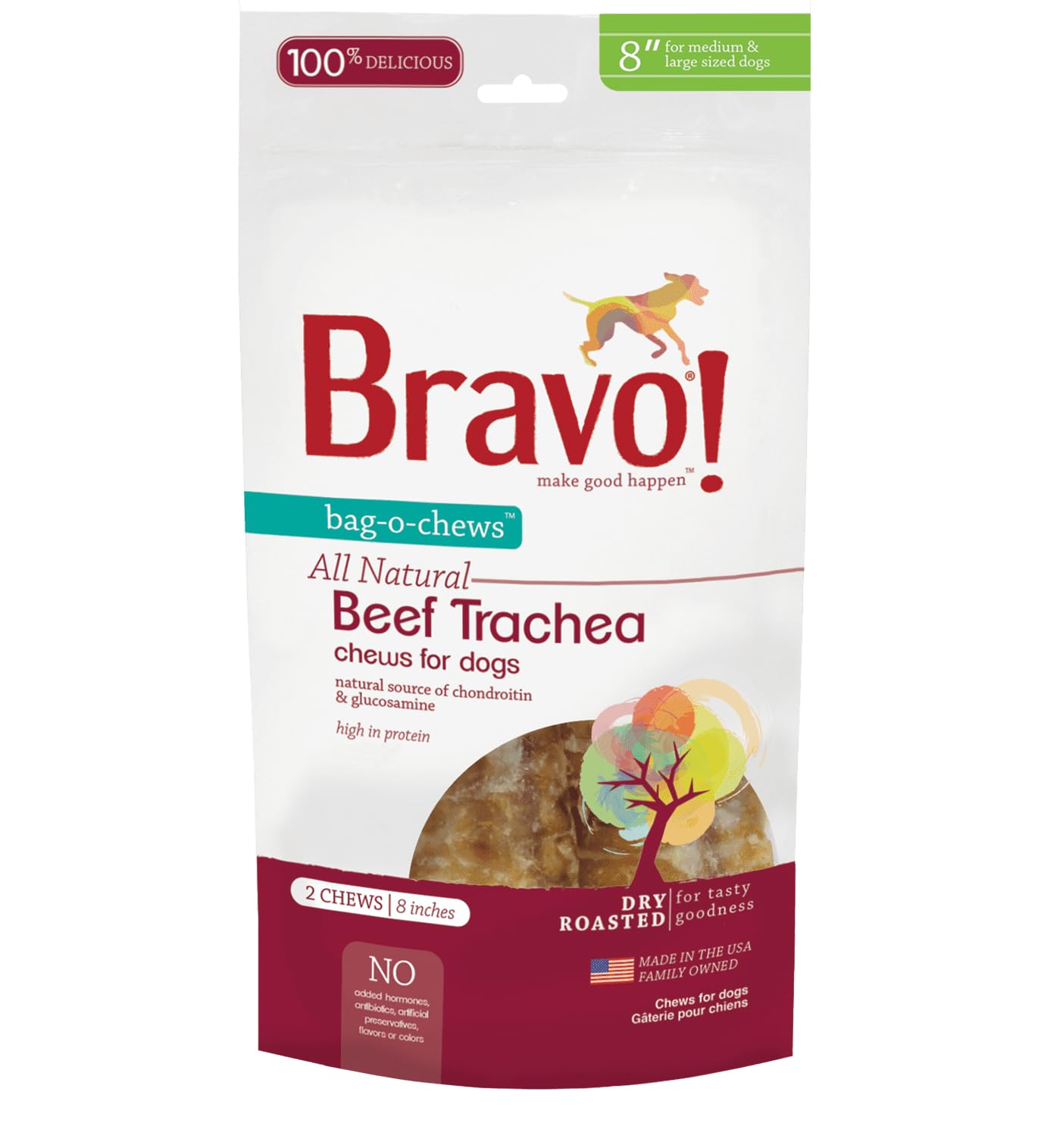Bravo! Beef Trachea Dog Chews, 8 Inch (2 Count) for Medium and Large Breed Dogs, Dry Roasted, High Protein, Natural Source of Ch