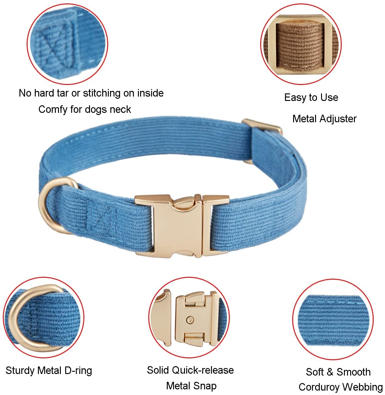 Petiry Soft Corduroy Fibric Dog Collar with High Grade Metal Buckle, for Large Dogs.(Blue,Large:17-26'')