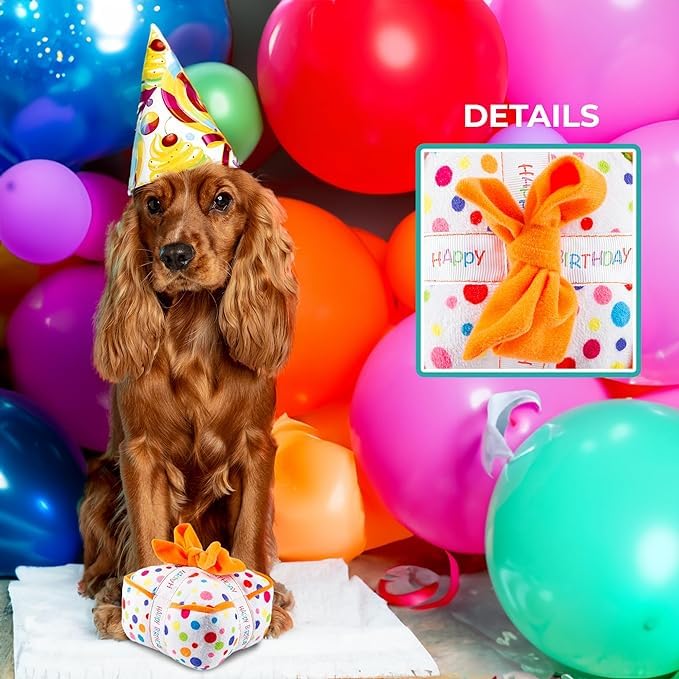 Haute Diggity Dog Happy Birthday Gift Box, Plush Designer Dog Toys With Interactive Squeaker, Stimulating Pet Enrichment, Machin