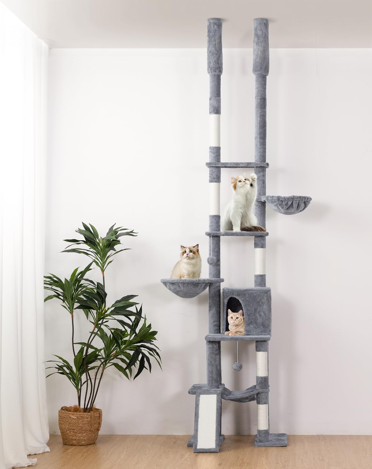 Floor To Ceiling Cat Tree Tower, Adjustable Height(85.6-114) 7-Level Tall Cat Tower With Scratching Post, Condo & Hammock Fo