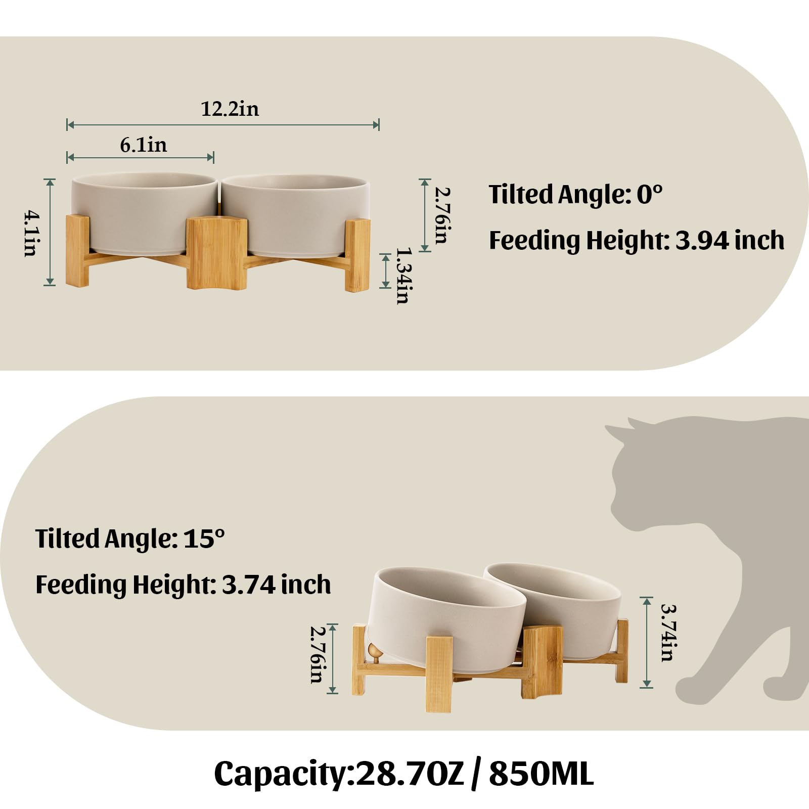 SPUNKYJUNKY 15 Slanted Ceramic Dog and Cat Bowl with Wooden Stand, Tilted Bulldog Food and Water Bowl No Slip Non-Spill for Cats
