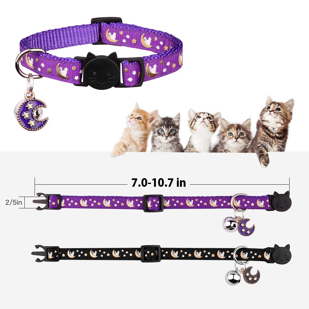 2Pcs Breakaway Cats Collars With Bell Moons Stars Adjustable Kitten Collars With Pendant Glow In The Dark(Black+Purple)