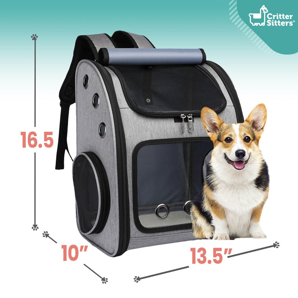 Critter Sitters Grey Pet Backpack For Small Dogs, Cats With Scratch Resistant Breathable Mesh Windows, Airline Carry-On Approved