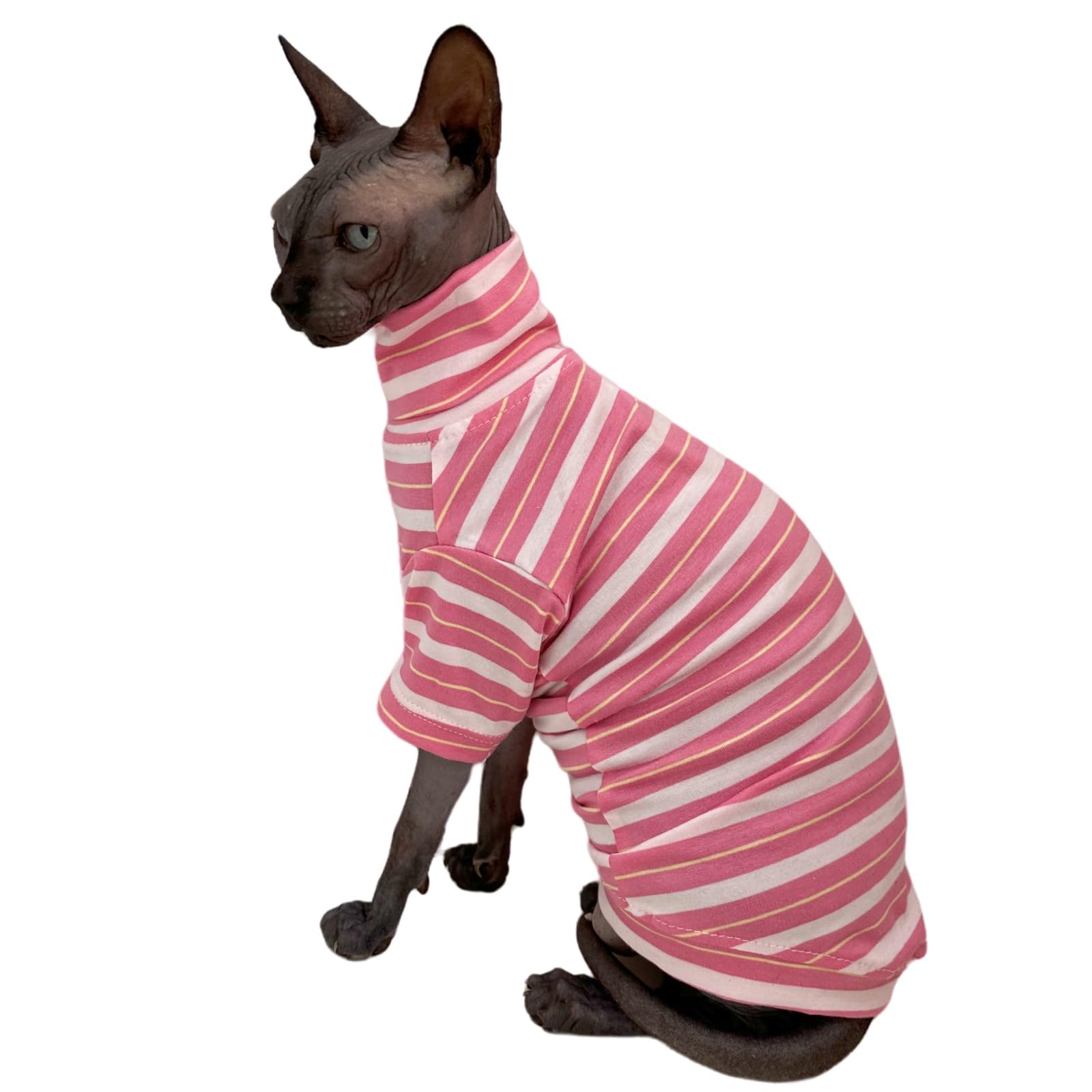 Vintage Stripes Sphynx Hairless Cats Shirt Cotton Cat Turtleneck Pet Clothes Kitten T-Shirts With Sleeves For Sphynx Cats (Sakur