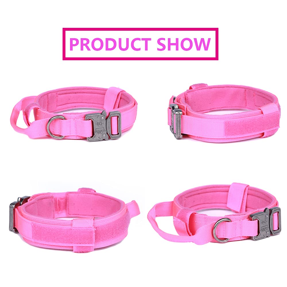 Tactical Dog Collar Military Dog Collar Adjustable Nylon Dog Collar Heavy Duty Metal Buckle With Handle For Dog Training (Pink,M)