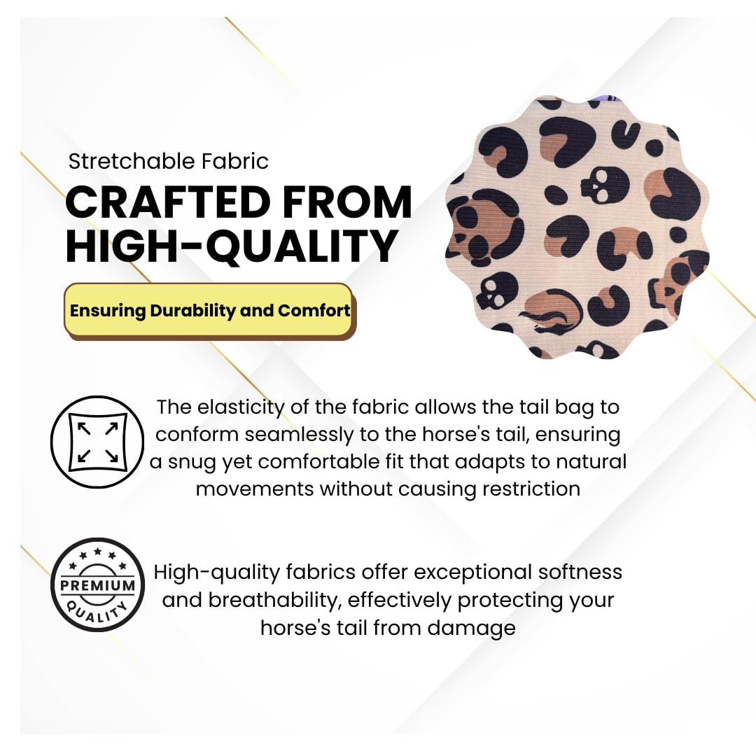 Horzmetnex Horse Tail Bag,Stretch Fabric, Leopard Print With Skull And Leaf Patterns, Fits All Tail Sizes, Tail Protection And D