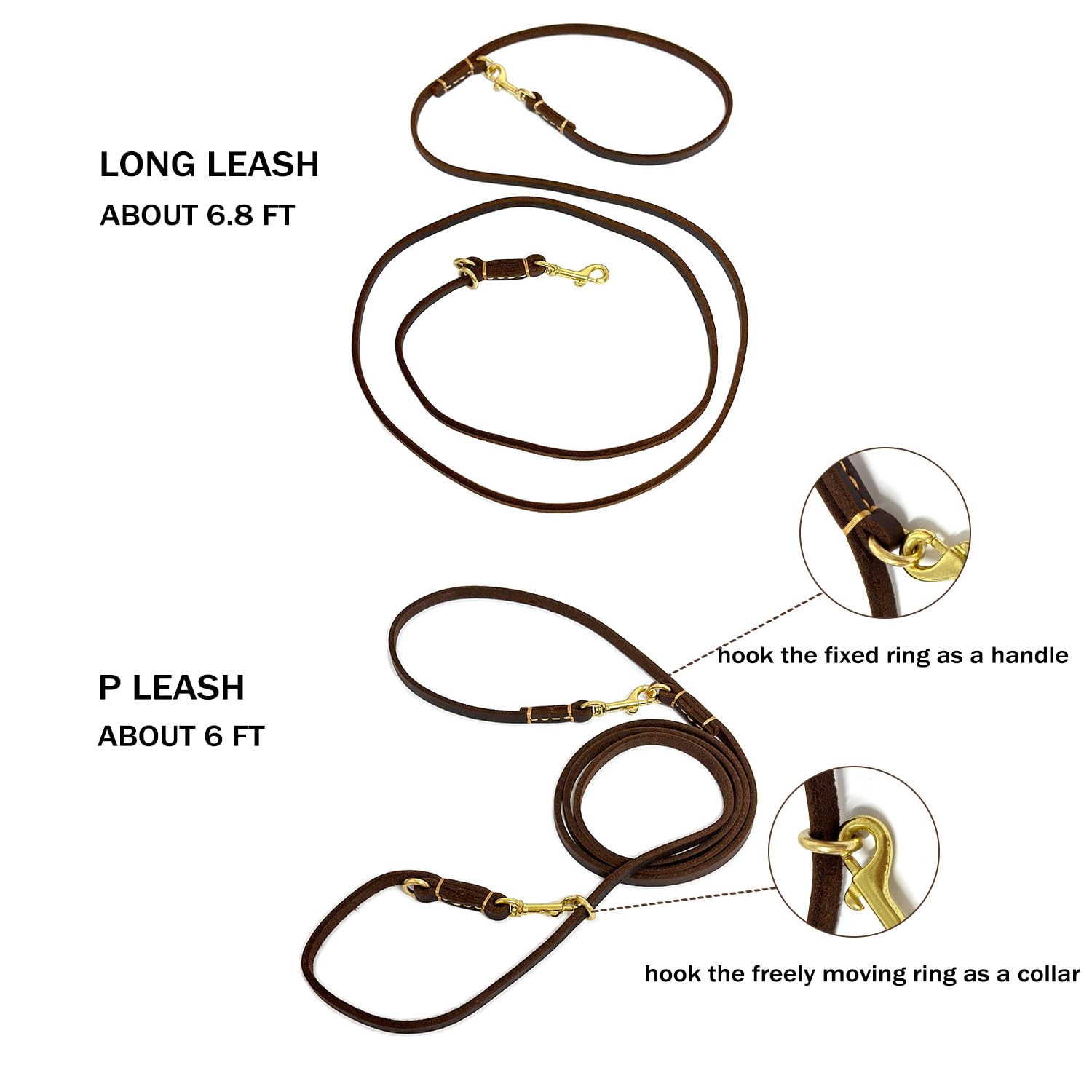Multi Function 8ft Genuine Leather Hands Free Dog Training Leash for Puppy Small and Medium Dogs (8 Foot*3/8 inch, Brown)