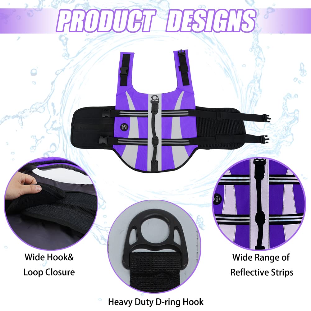 Emust Life Vests For Dogs, Lightweight Small/Medium/Large Dog Life Preserver, Xl Dog Life Jacket For Swimming/Boat/Water, Life Jacket For Large Dogs,Purple, Xl