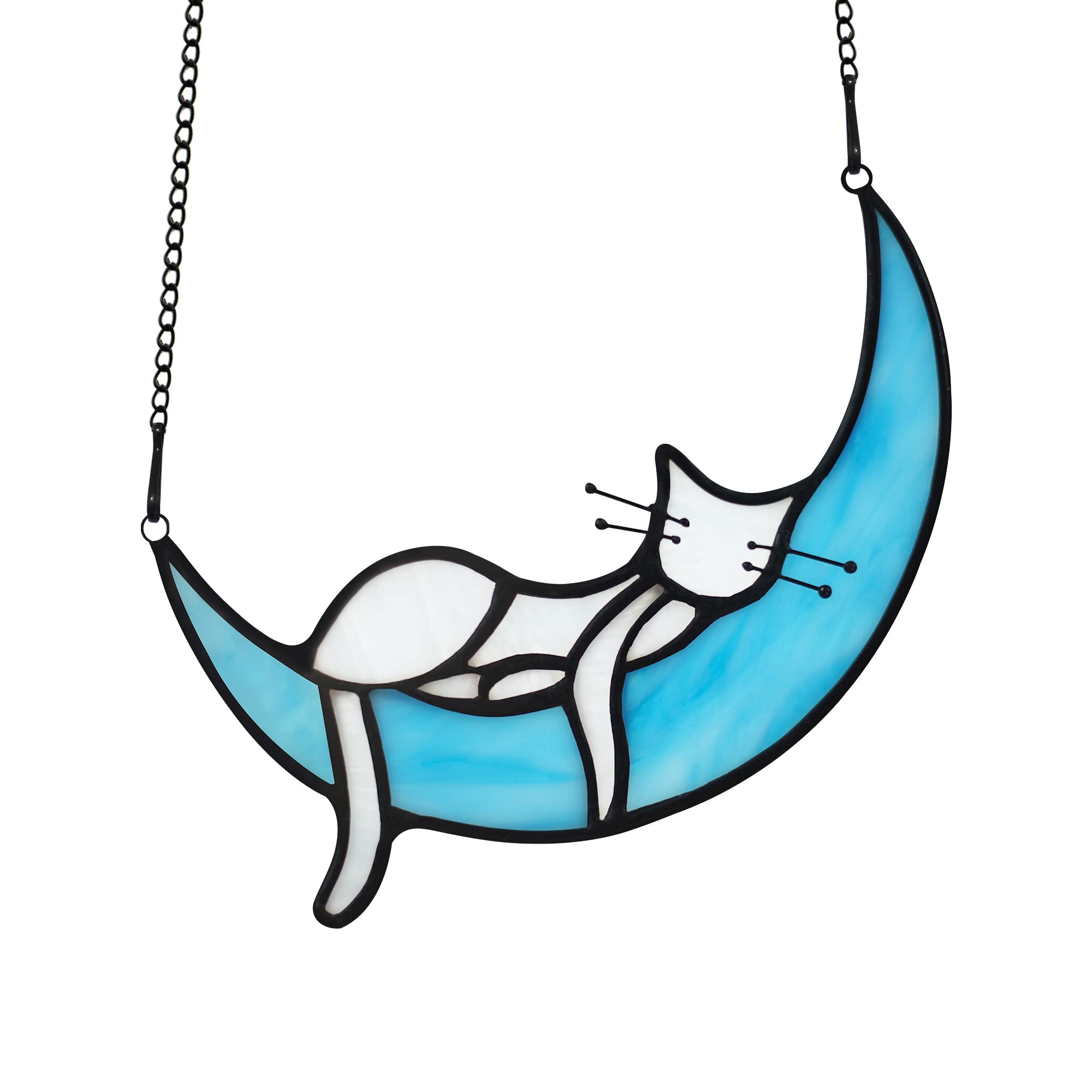 Haosum Sleeping White Cat On Moon Stained Glass Window Hangings,Cat Decor Cat Memorial Gifts For Cat Lovers,White Cat Suncatcher For Kitchen Bedroom Birthday Gift For Mom Grandma Aunt