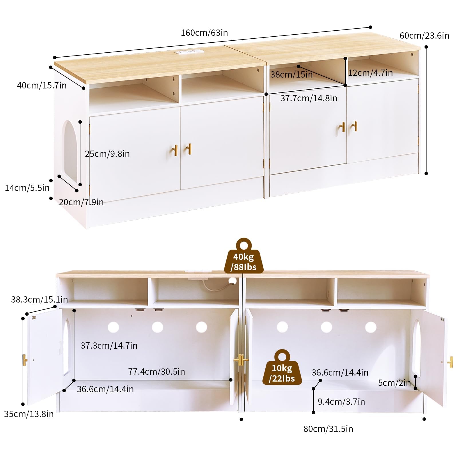 JanflyHome Cat Litter Box Enclosure for 2 Cats, TV Stand with Storage & Outlet, 63  Double Litter Box Enclosure Furniture, Woode