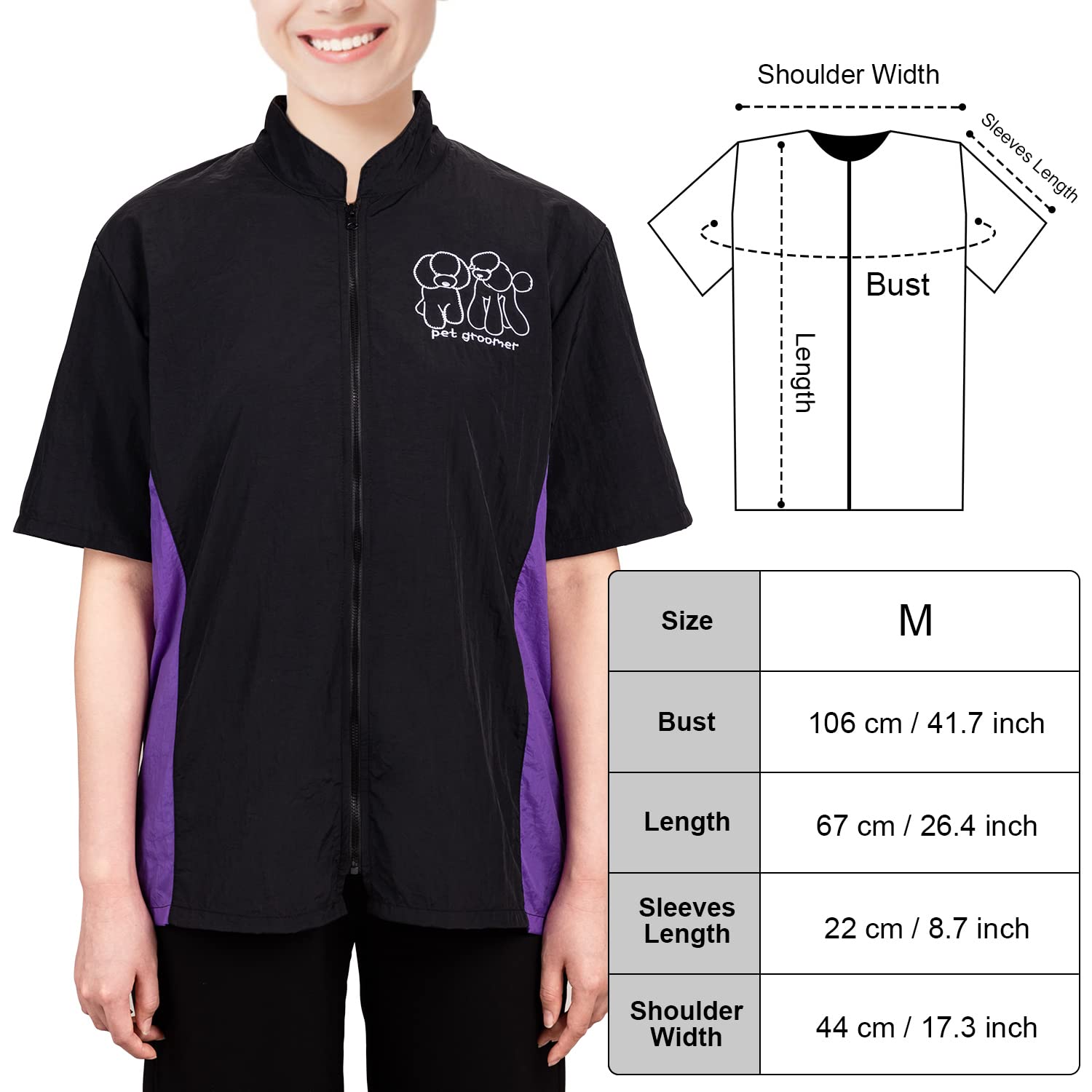 Noverlife Pet Grooming Workwear With Full Zipper, M Size, Anti-Static Pet Beautician Work Clothes, Lightweight Hair Repellent Shirt Style Pet Groomer Smock For Dog Cat Grooming Shop