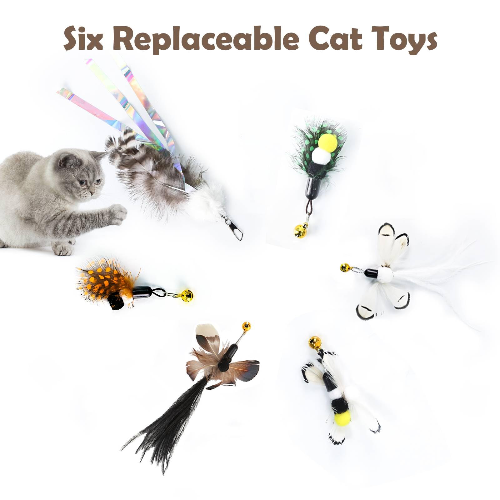 Hokoad Cat Insect Feather Toys, Cat Feather Toys Accessories, 1 Pcs Cat Wand And 6 Pieces Natural Insect Cat Toy Feathers Refill