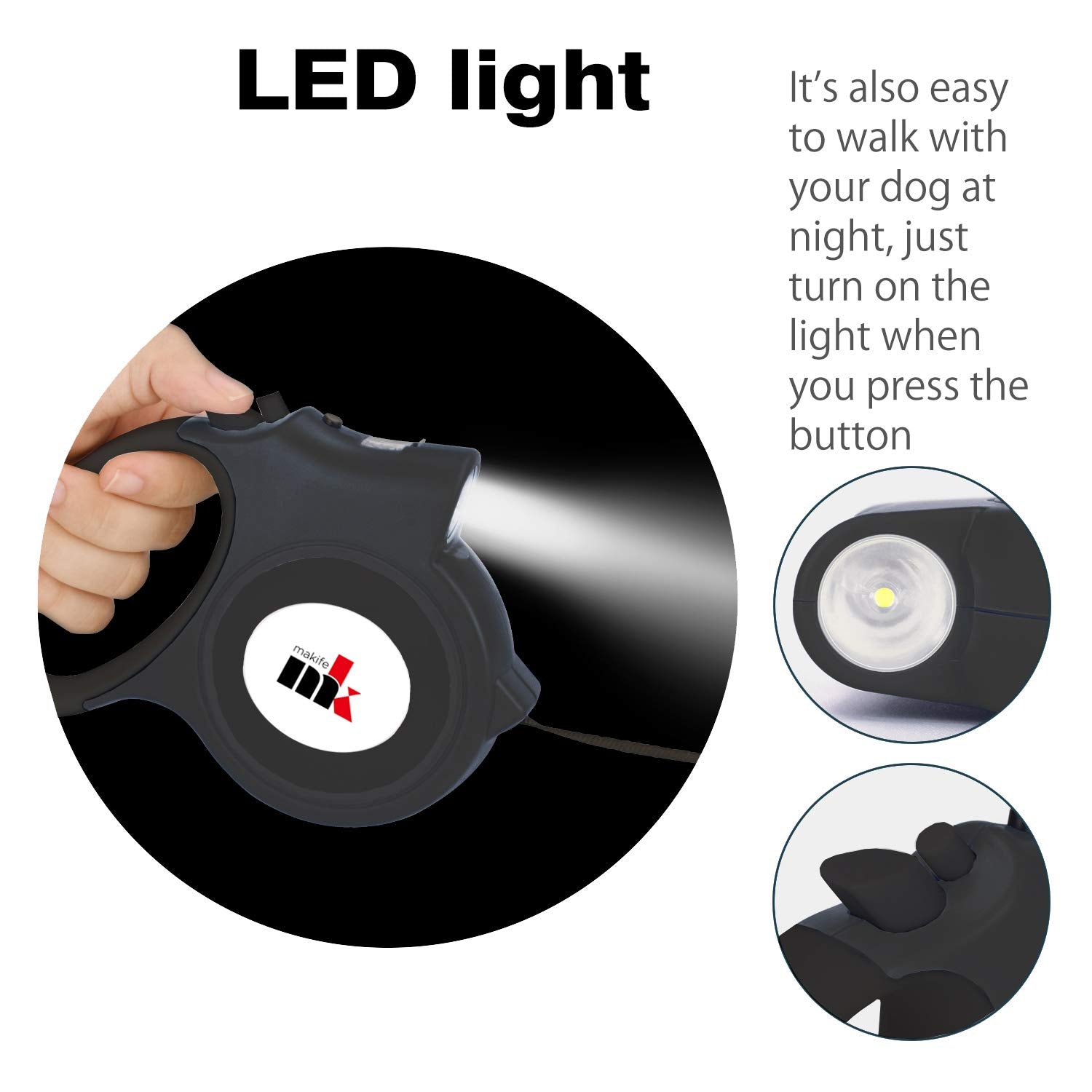 Retractable Dog Leash With Led Light Makife 5M Extendable Dog Lead For Small Medium Puppis Up To 25Kgs, One-Hand Brake & Lock Sy