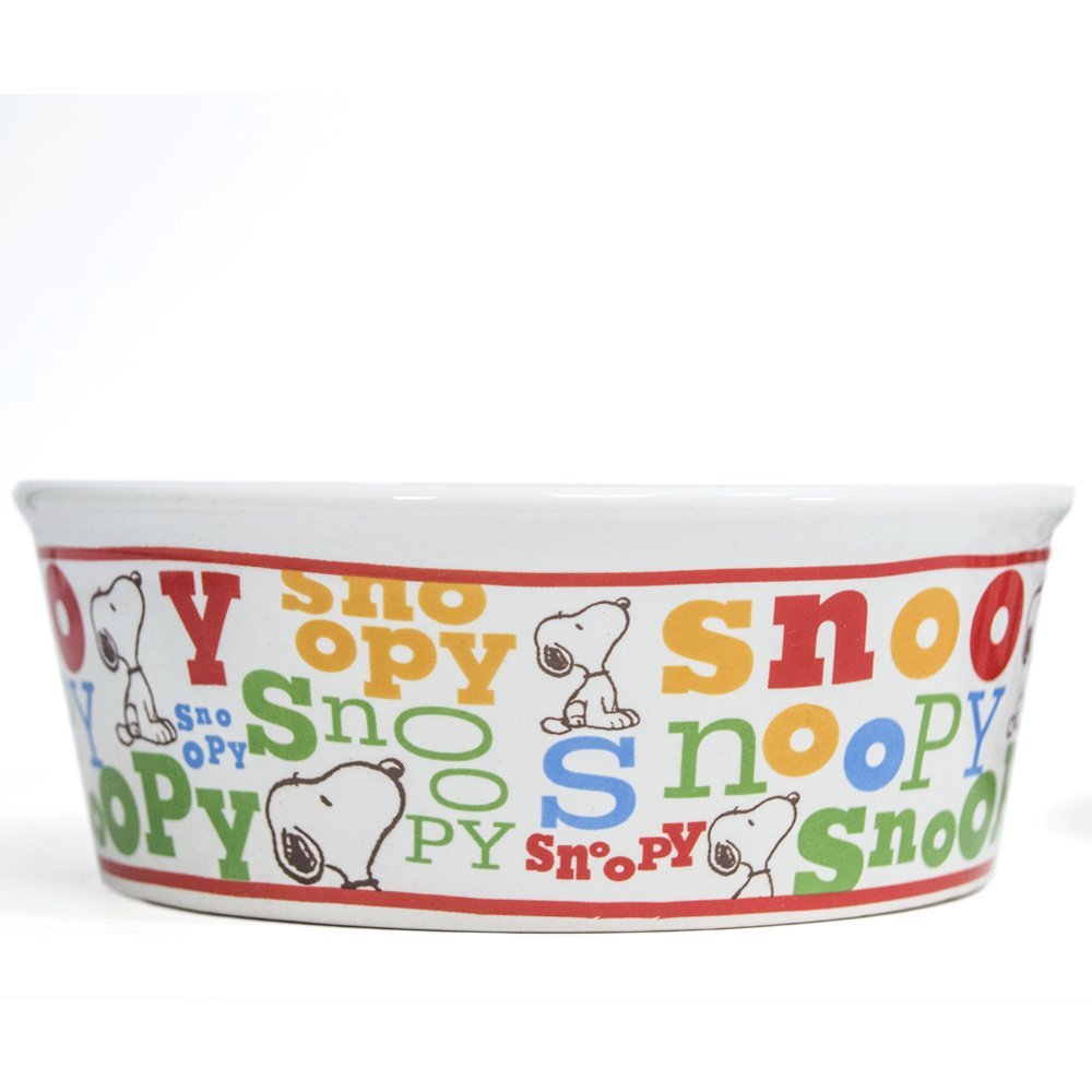 Peanuts Colorful Snoopy Dog Food Bowl - Heavy Stoneware Pet Dish (5' Wide)