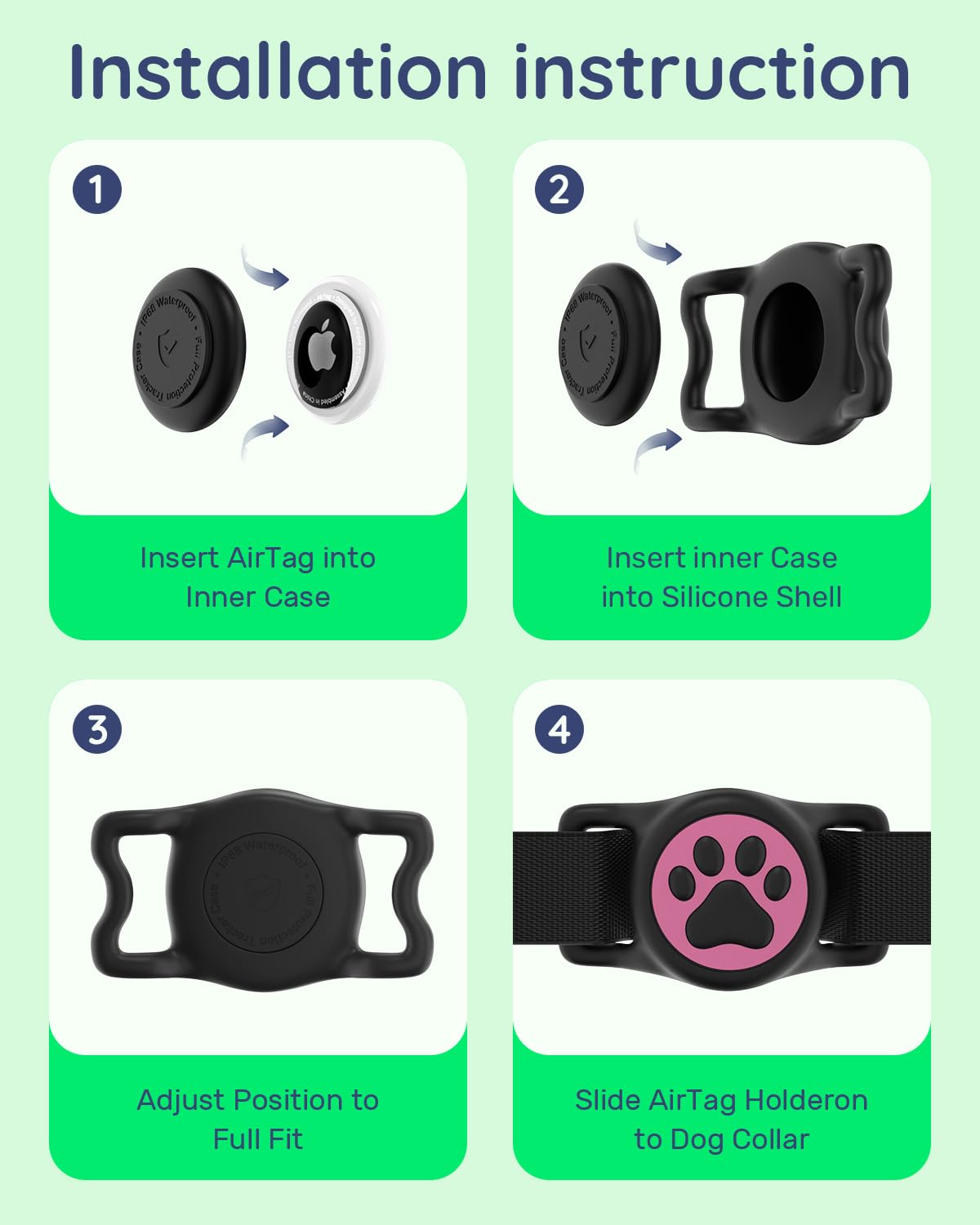 WhoseID IP68 Waterpoof Dog Air tag Holder, Stretchy Silicone Full Body Covered Apple Air Tag Holder for Dog Cat Collar Fit All W