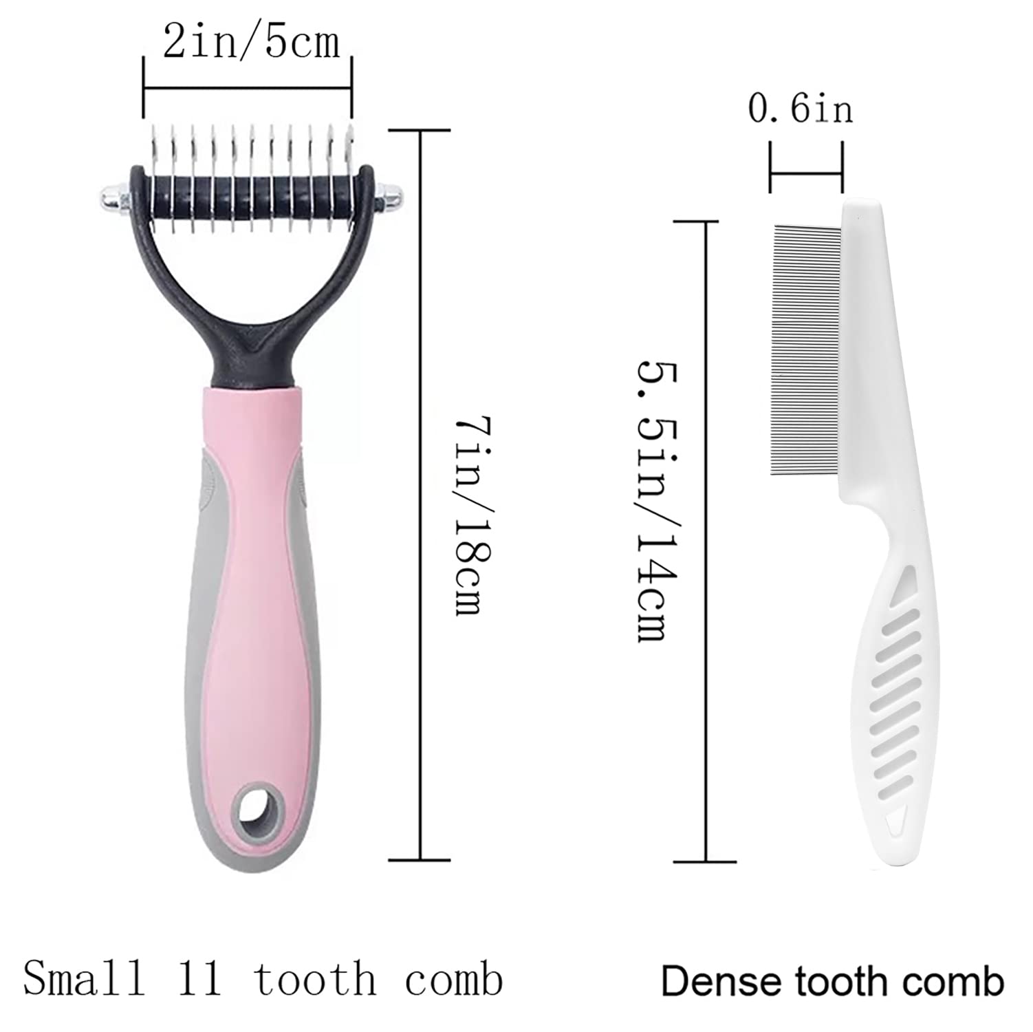 Double-Sided Undercoat Rake Comb And Flea Comb Set For Pet Grooming - Dematting Tool For Dogs And Cats (Pink/11-Tooth)