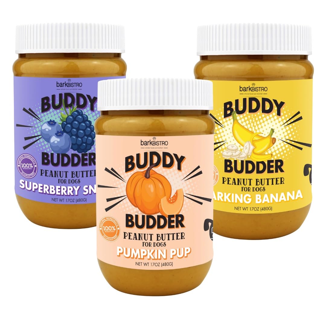 Buddy Budder Bark Bistro Company, Superberry Snoot + Barkin Banana + Pumpkin Pup, 100% Natural Dog Peanut Butter, Healthy Dog Treats - Made In Usa (Set Of 3 / 17Oz)