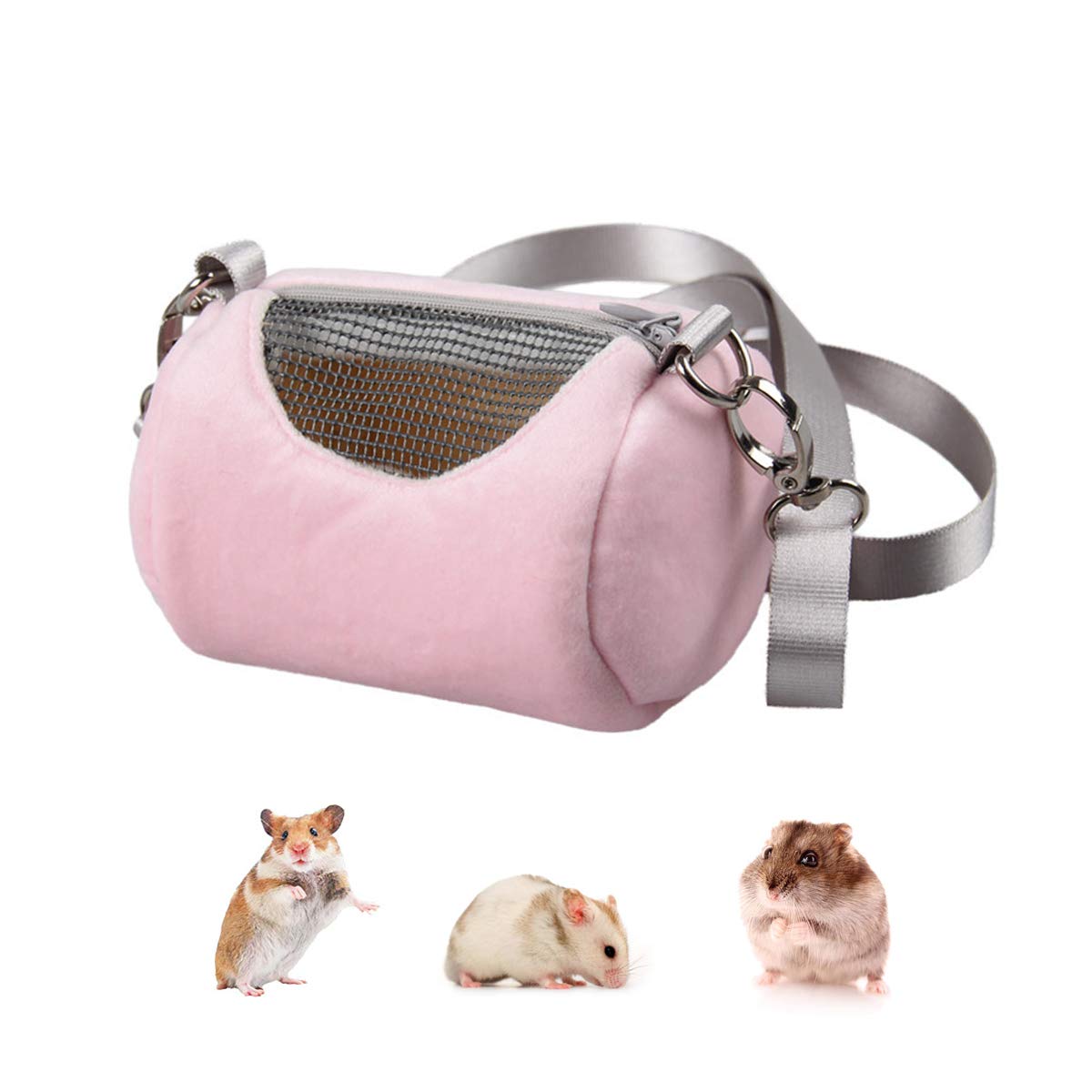 Dwarf Hamster Carrier Bag Portable Cylinder Warm Outdoor Bag With Adjustable Single Shoulder Strap (Pink)