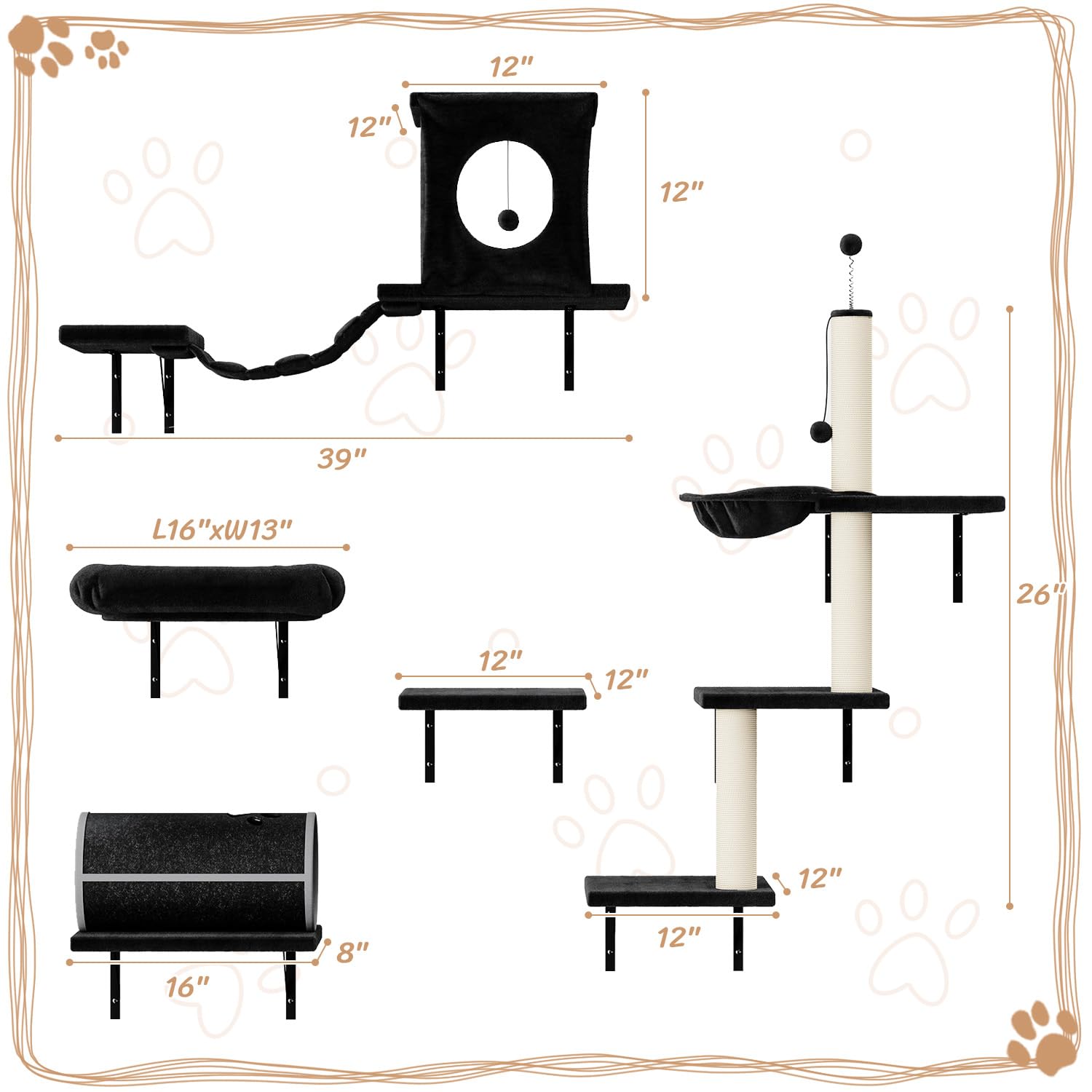 NUNU LAB 7-in-1 Wall Mounted Cat Climber Set, Cat Furniture Set, Cat Climber with Cat House, Tunnel, Bridge, Tree, Steps, Scratc