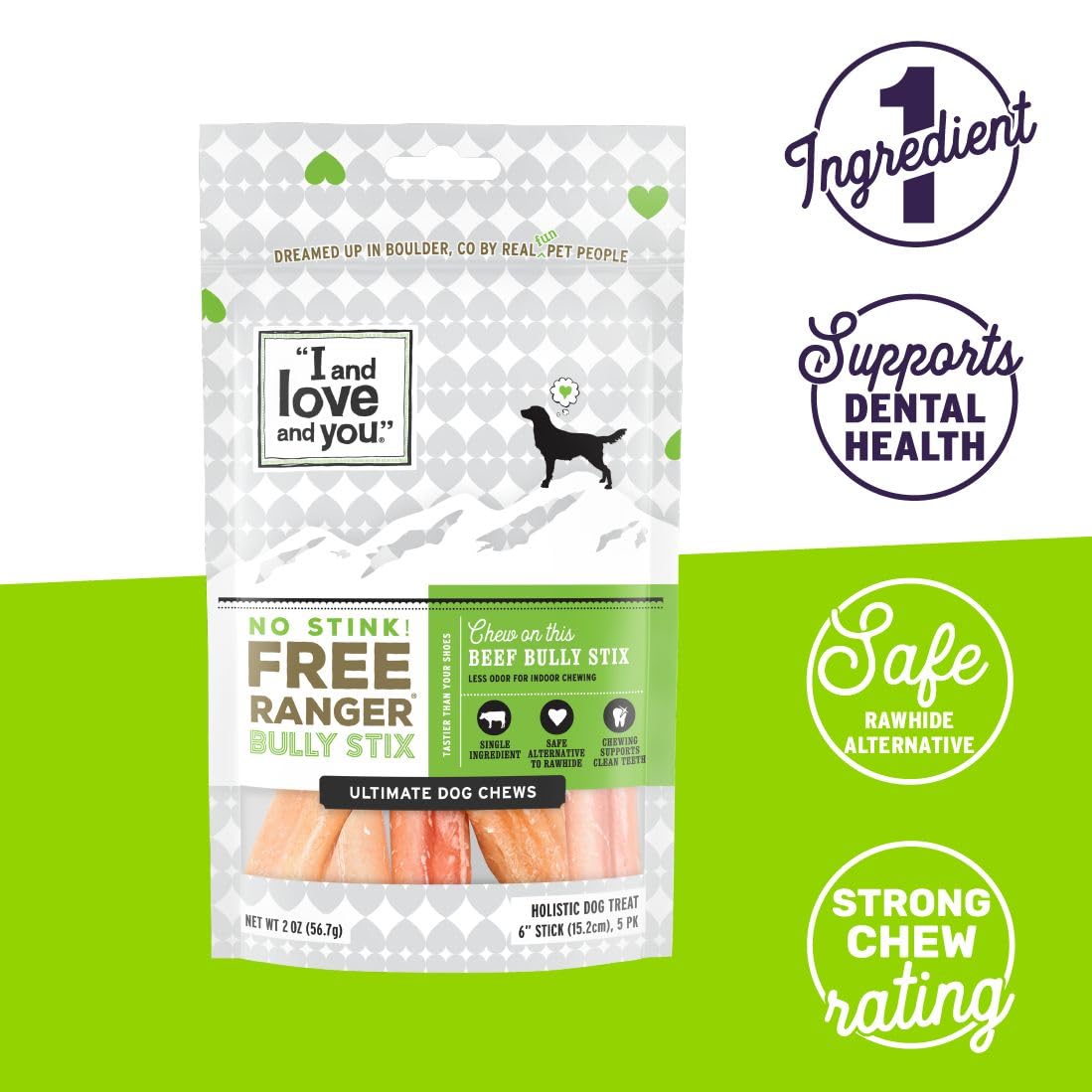 I and love and you No Stink Free Ranger Bully Stix - Beef - Rawhide Alternative, Single Ingredient, Free Range Grass Fed Beef, 6