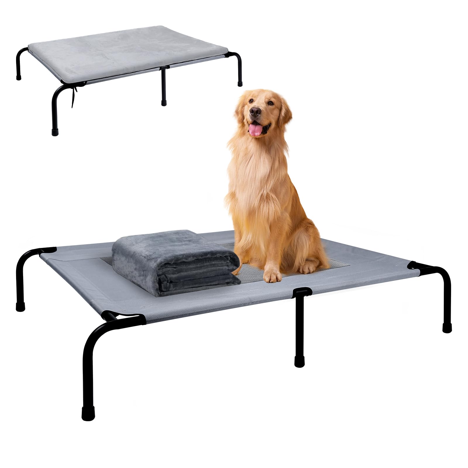 Outdoor Dog Elevated Bed For Large Dogs With Plush Mat, Durable Washable Raised Dog Beds, Indestructible Cooling Dogs Beds, Chew