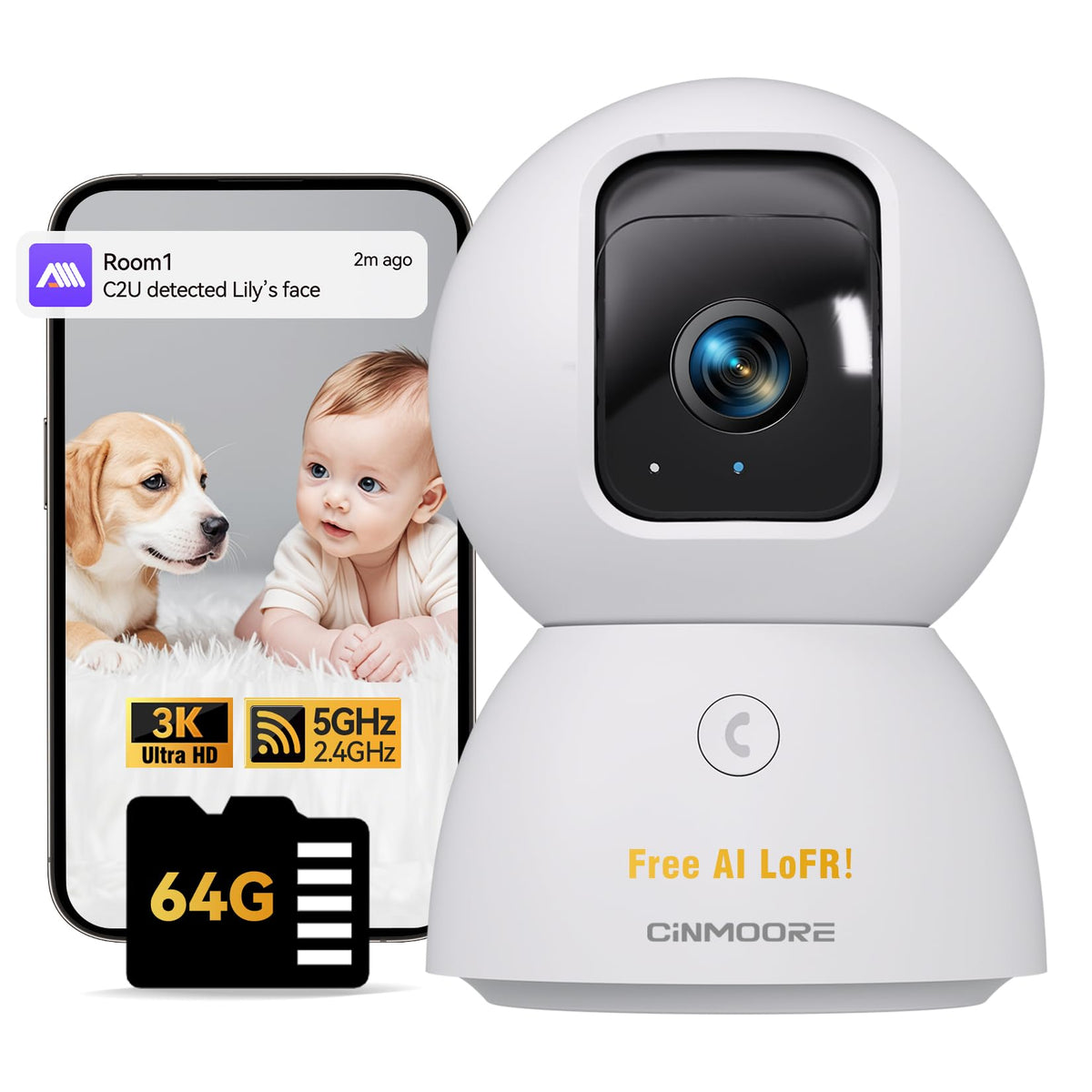 Cinmoore 3K 5Mp Pet/Dog Camera Indoor With Phone App, 5Ghz Wifi Cameras For Home Security Baby Camera Monitor, Ai Tracking W/Fac
