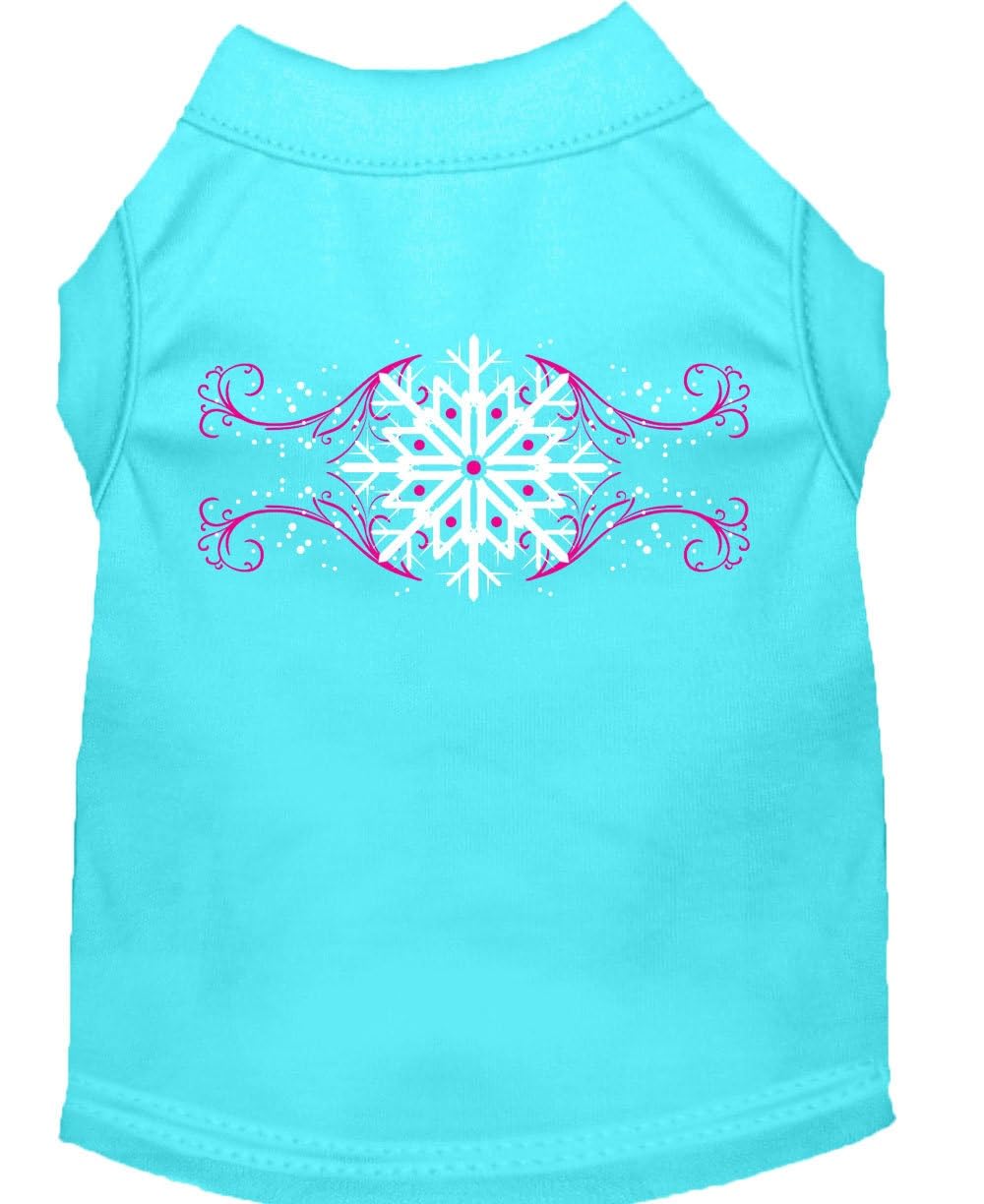 Christmas Screenprinted Dog Shirt, 'Pink Snowflake Swirls' Aqua Sm (3-6 Lbs.)