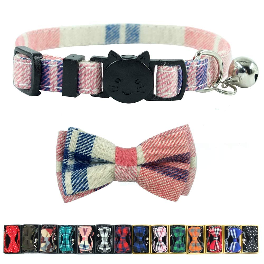 Cat Collar Breakaway With Bell And Bow Tie, Plaid Design Adjustable Safety Kitty Kitten Collars(6.8-10.8In)(Pink Plaid 2)