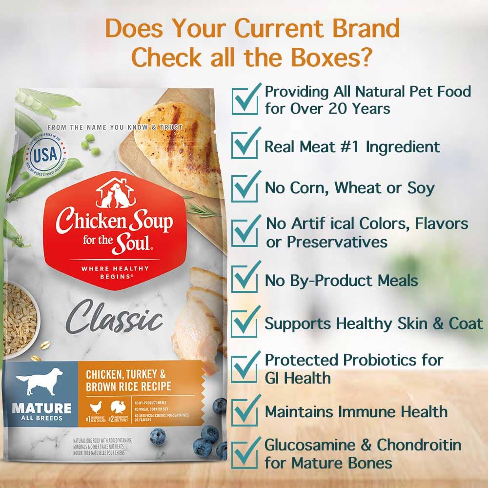 Chicken Soup For The Soul Classic Dry Senior Dog Food, Chicken, Turkey & Brown Rice Recipe, 28 Pound Bag | Soy, Corn, and Wheat