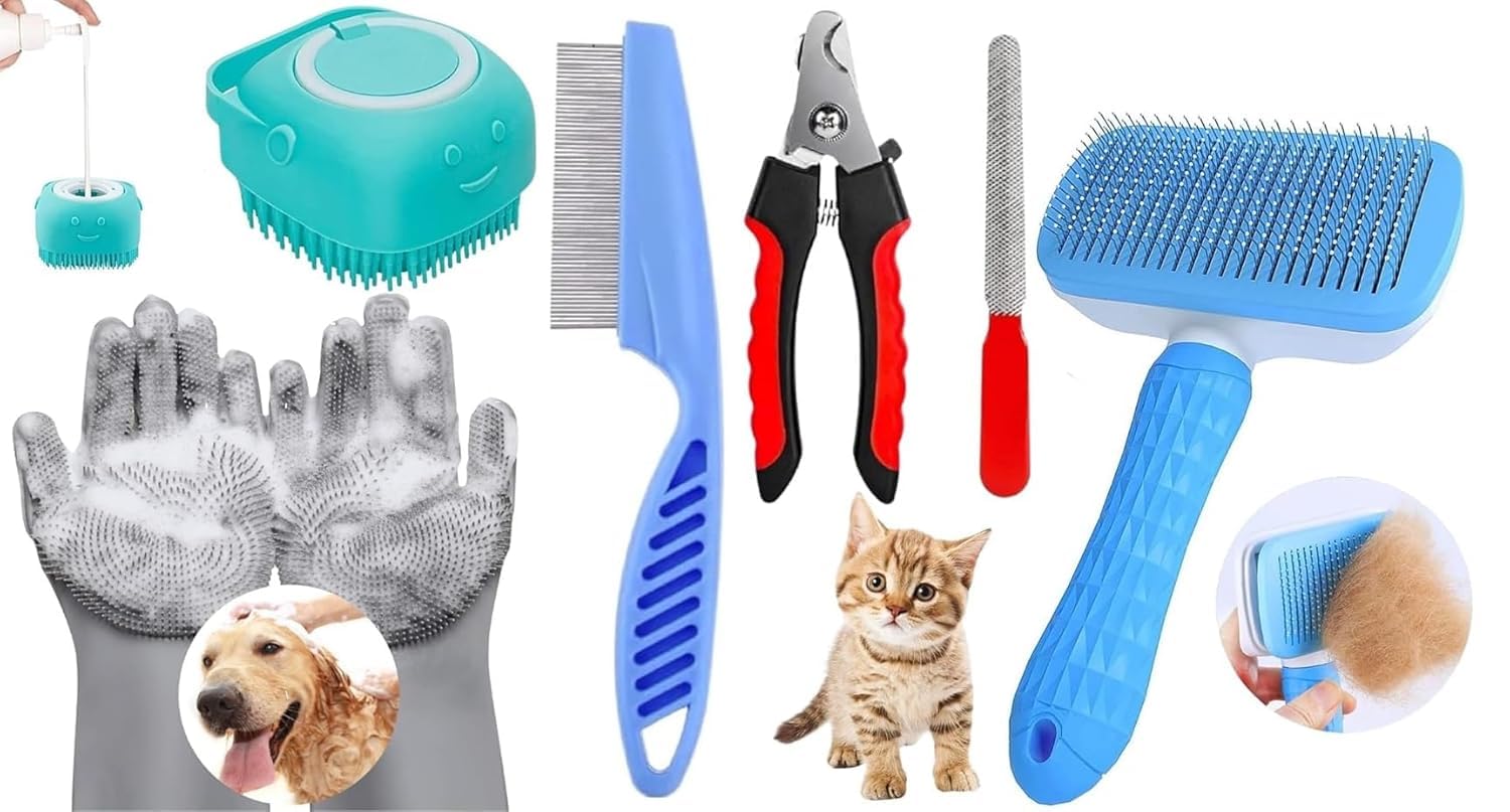 Brightcrest 5 In 1 Pet Grooming Set  Bath Brush Steam Brush 3 In 1 Water Brush Brush + Silicone Bath & Massage Tool + Pet Groom