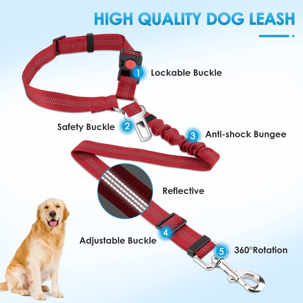 Slowton Dog Seat Belt Car, 2 Pack Dog Car Harness Seatbelt Adjustable With Elastic Bungee Buffer, 2 In 1 Pet Car Leash Headrest Restraint Safety Tether Reflective No Twist (Red-Dual Use)