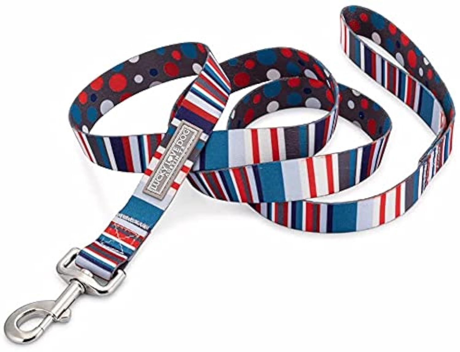 Lucky Love Nautical Polka Dot Blue Red White Striped Leash For Male Female Dogs - Durable & Long Lasting (Large, Linus Leash)