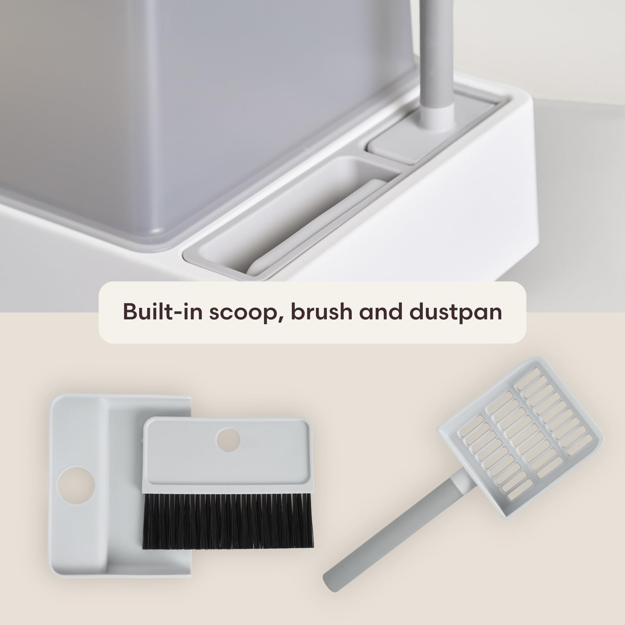 Tuft + Paw Cove Litter Box, High Sided Open Top Designer Litter Box For Large Cats, Built-In Scoop, Brush & Dustpan, Anti-Stick
