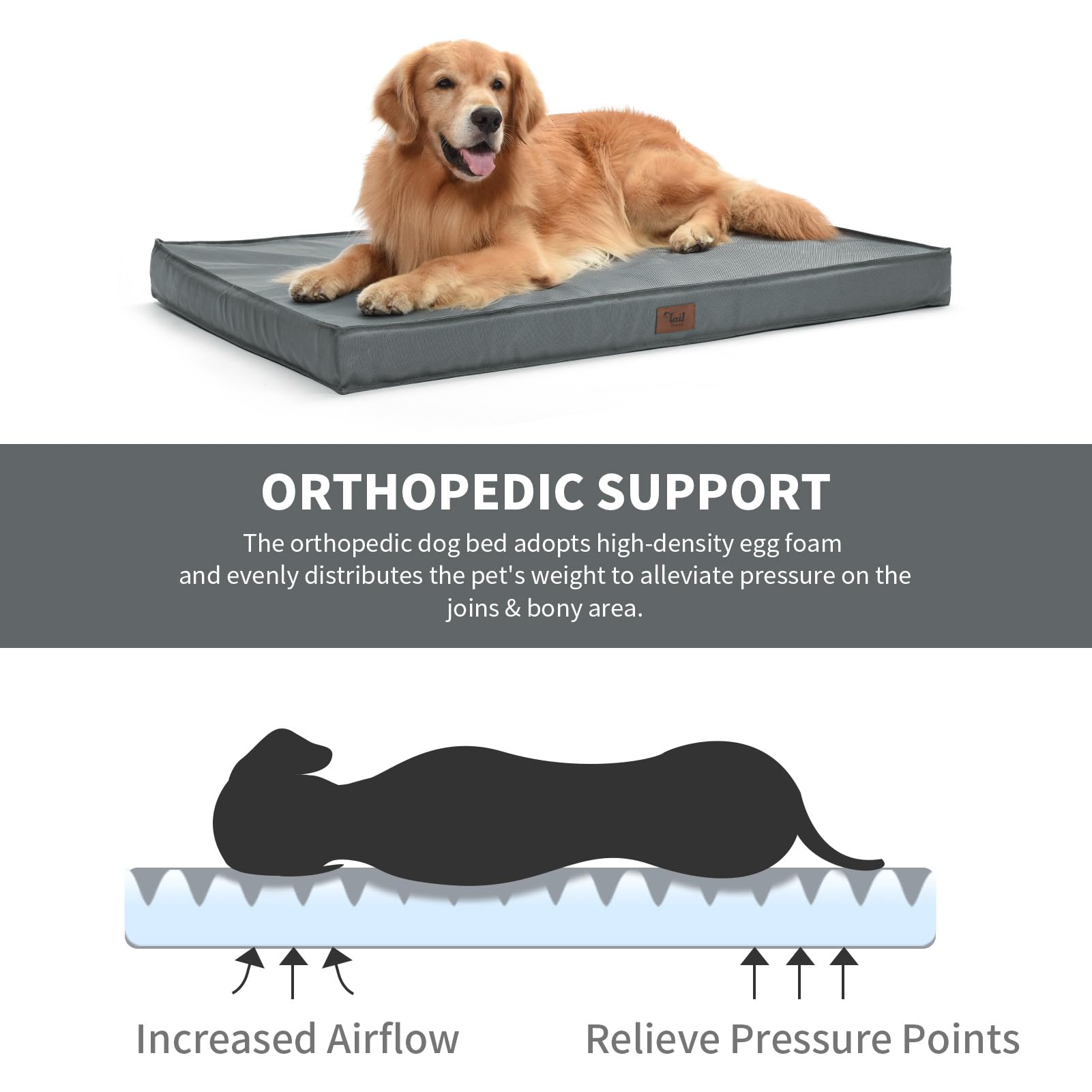 Tail Stories Outdoor Dog Bed For Medium/Small Dogs, Waterproof Dog Crate Bed For Medium Dogs Cats, Orthopedic Egg Crate Foam Pet Bed With Washable And Removable Oxford Cover, Grey