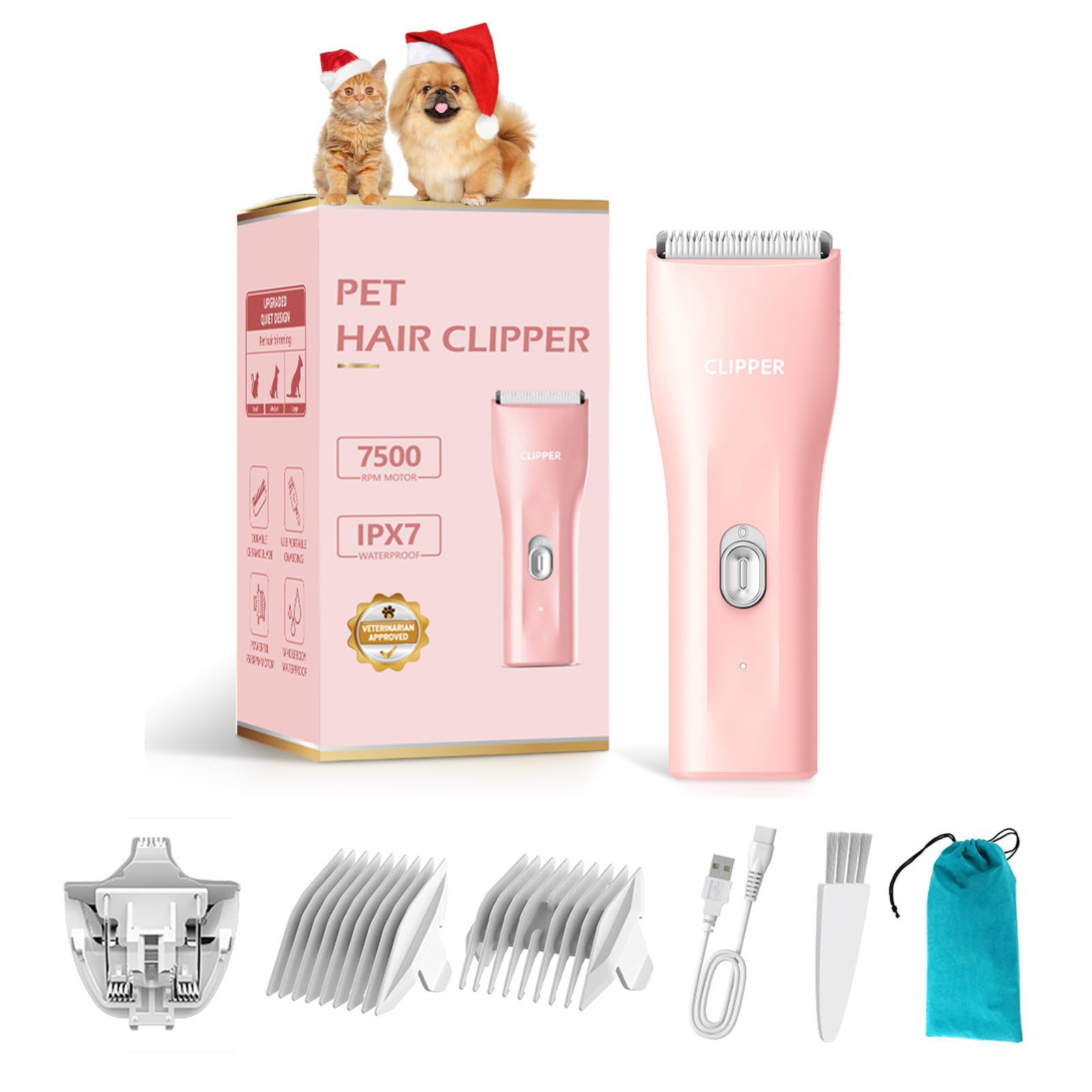 Founouly 2 In 1 Prowerful Home Professional Dog Grooming Kit Clipper Low Noise Usb Rechargeable Gifts For Dog Cat Pink,Mts006