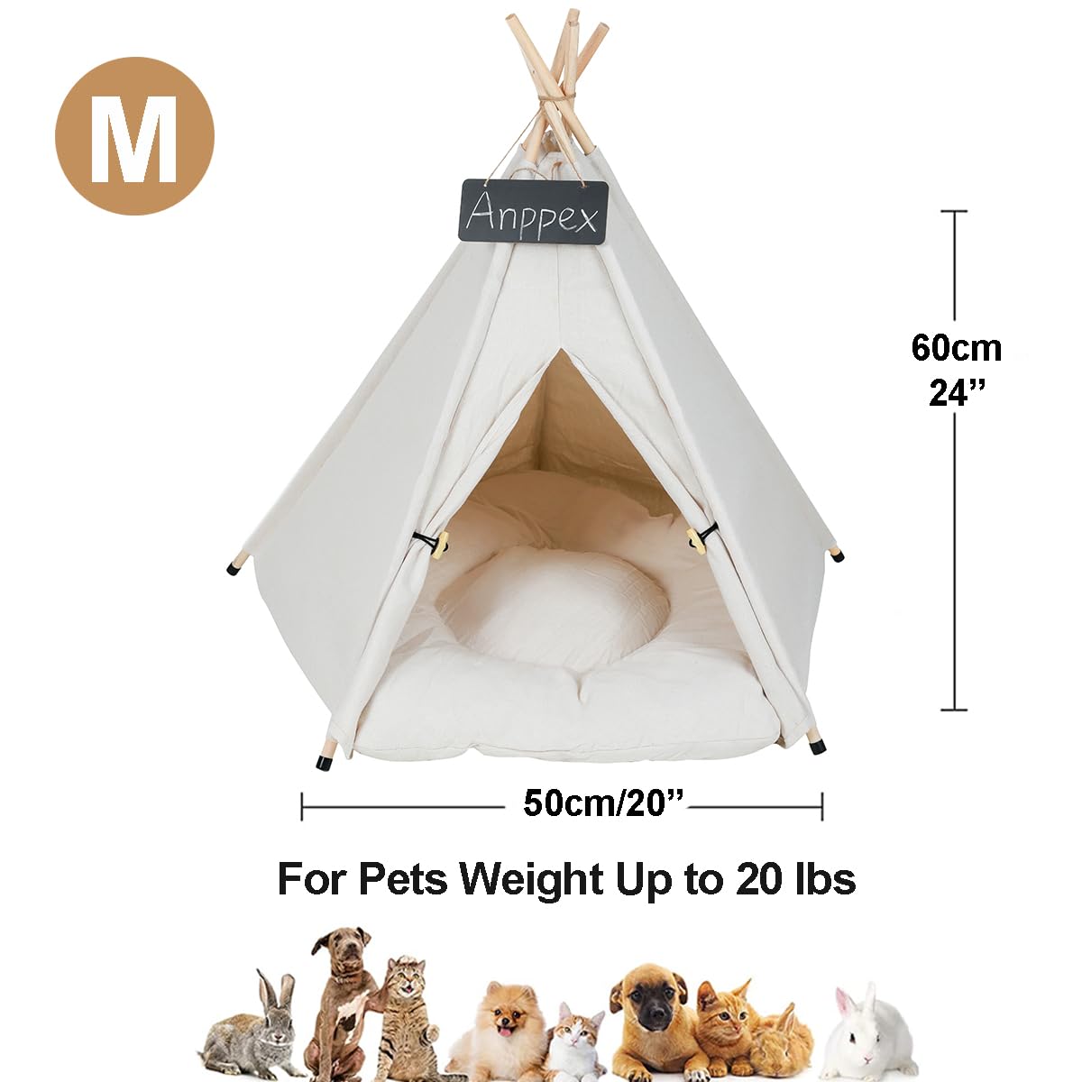 Anppex 24-Inch Dog Teepee Tent Indoor,M Size Pet Tent Bed For Small Dogs And Cats,Indoor Dog House With Thick Cushion,White