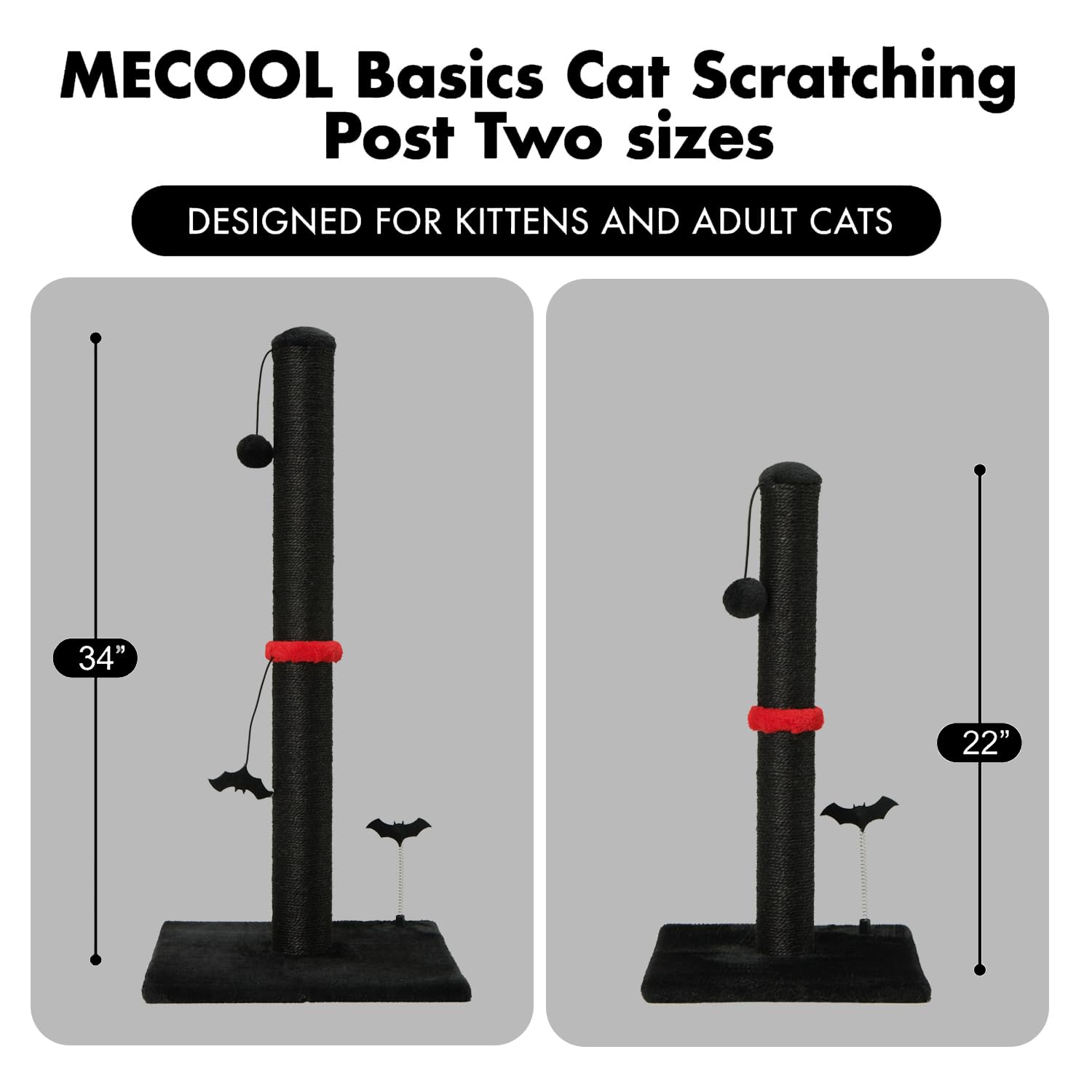 Mecool Cat Scratching Post Premium Sisal Scratch Posts With Hanging Ball Vertical Scratcher For Indoor Cats And Kittens (Black, 22 Inches For Kitten)