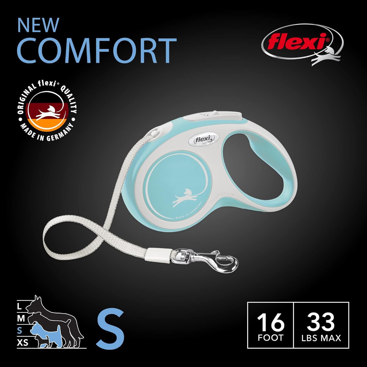 Flexi New Comfort Retractable Dog Leash (Tape), Ergonomic, Durable And Tangle Free Pet Walking Leash For Dogs Up To 33 Lbs, 16 F