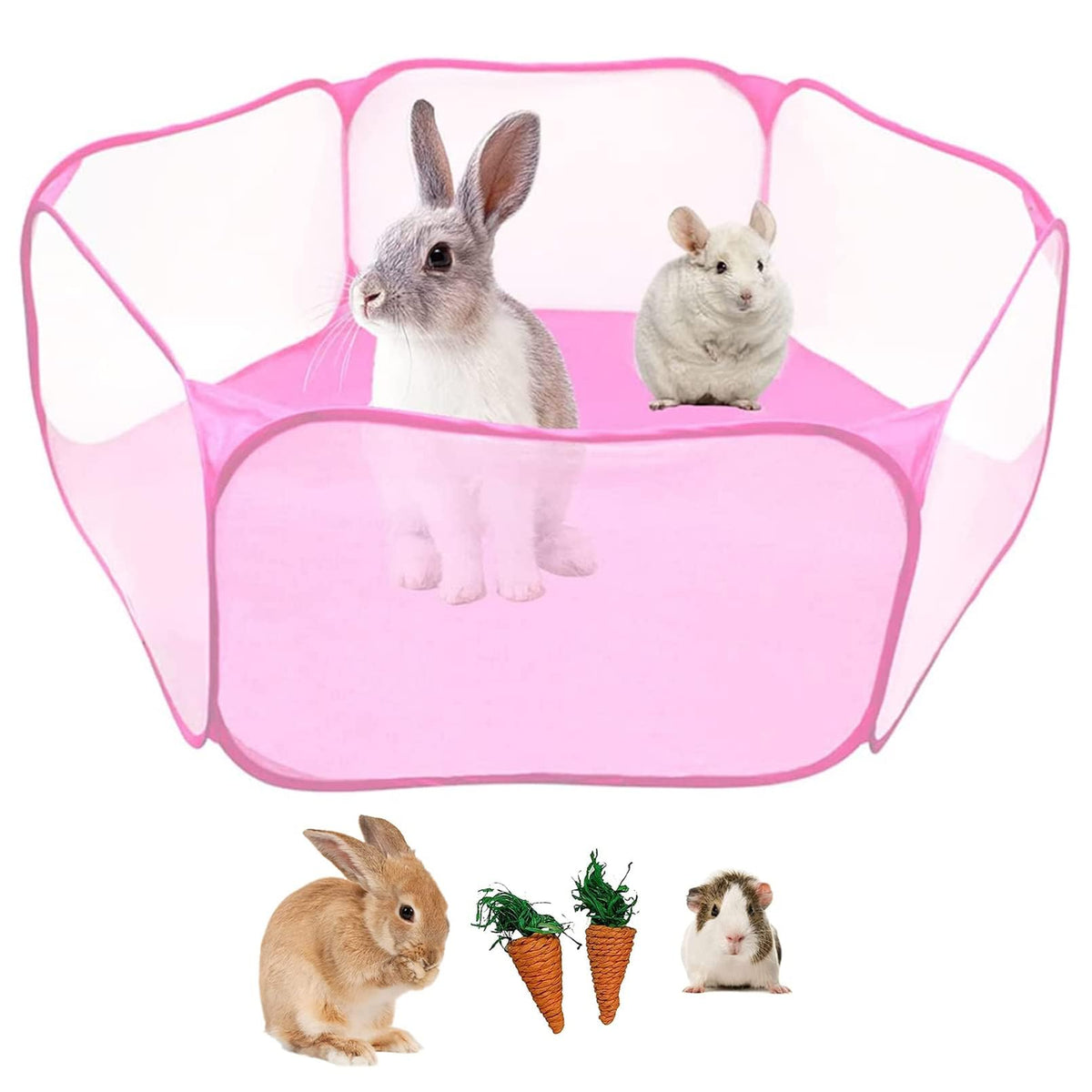 Kathson Small Animals Cage Tent, Breathable&Transparent Pets Playpen Folding Exercise Pop Open Outdoor/Indoor Portable Fence With Carrots For Guinea Pig Hamster Rabbit Rat Gerbils(Pink)