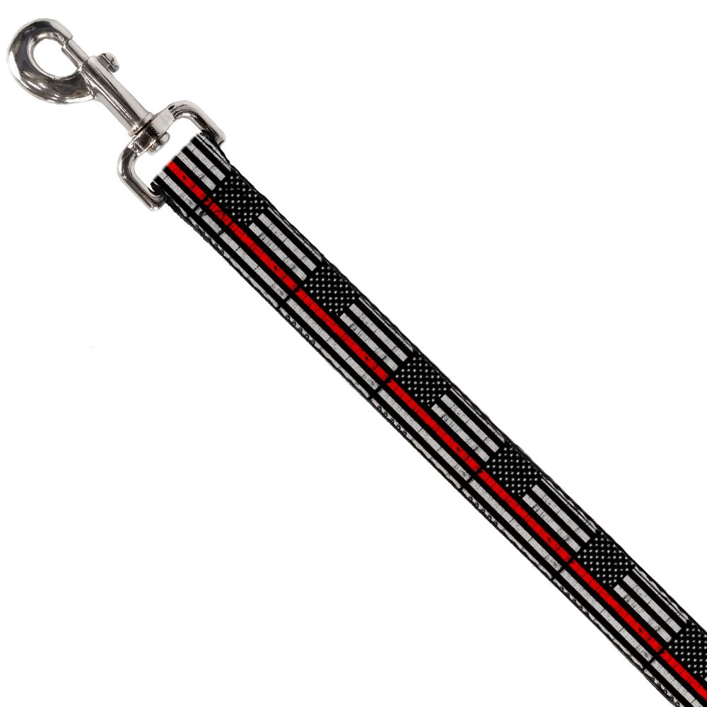 Buckle-Down Dog Leash Thin Red Line Flag Weathered Black Gray Red 4 Feet Long 0.5 Inch Wide