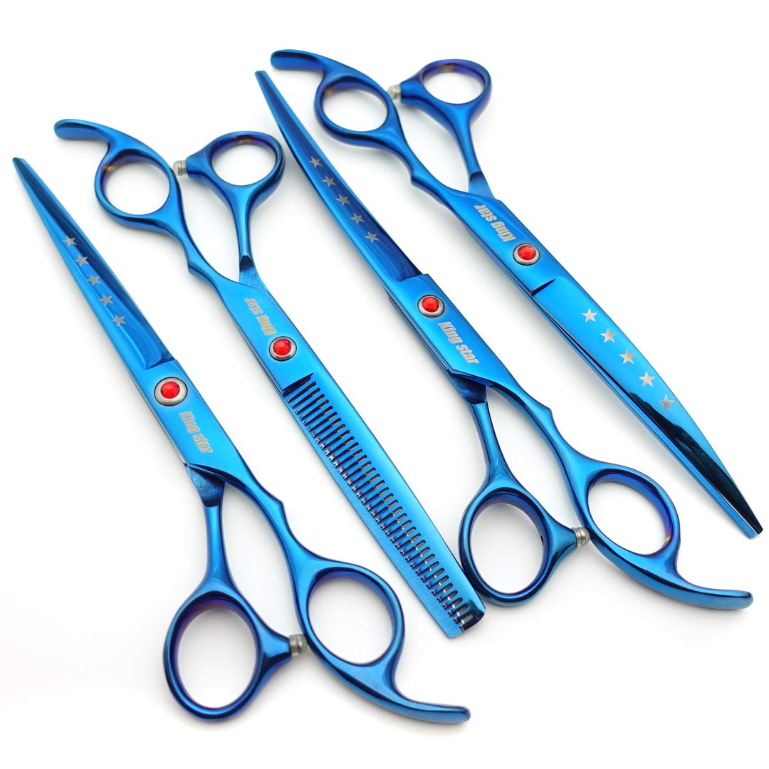 7.0In Titanium Blue Professional Pet Grooming Scissors Set,Straight & Thinning & Curved Scissors 4Pcs Set For Dog Grooming,(Blue