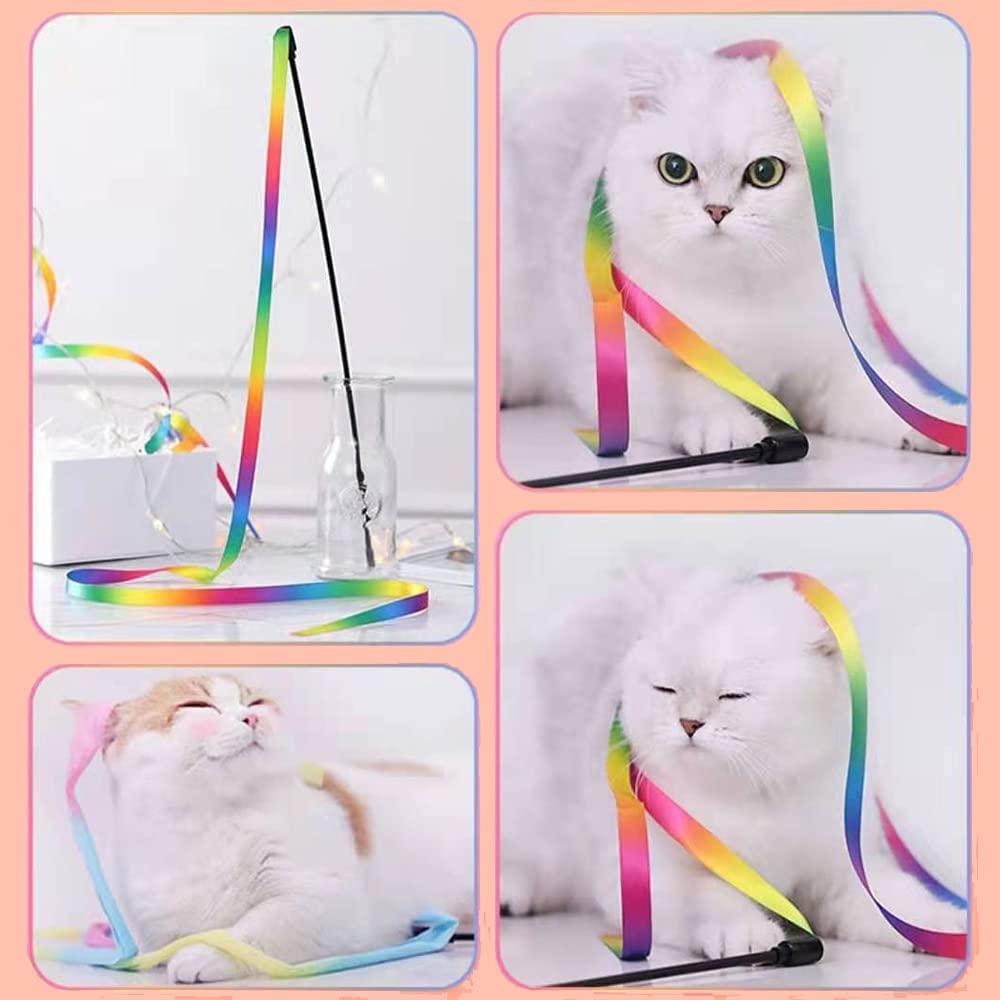 Lasocuhoo Interactive Cat Rainbow Wand Toys, Interactive Cat Teaser Wand String, Colorful Ribbon Charmer For Most Cats And Kittens - 2 Pcs