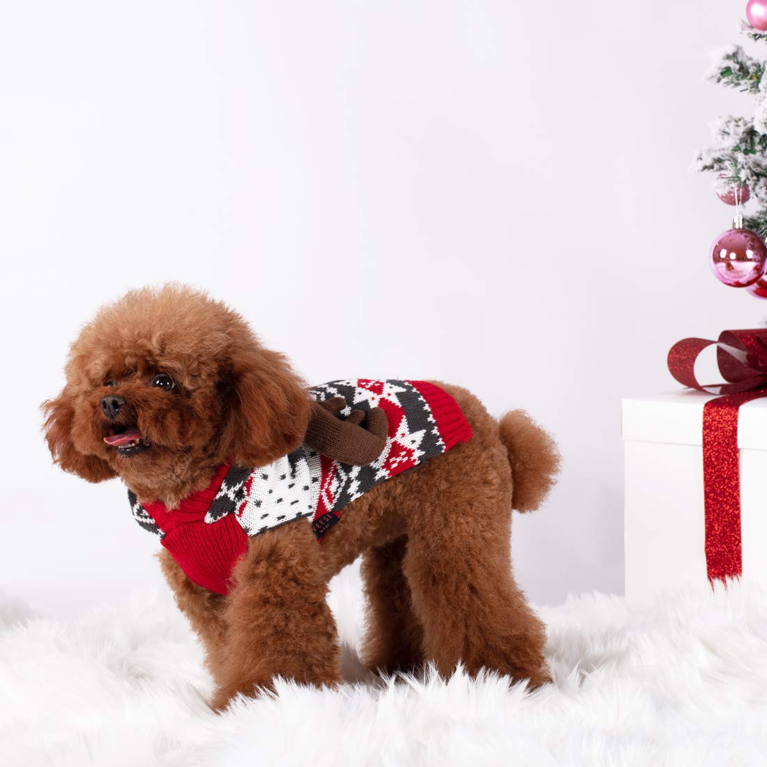 Kyeese Christmas Dog Sweater Hoodie Reindeer Red Dogs Knitwear Pullover Pet Sweater With Leash Hole Ugly Christmas Dog Sweater For Small Dogs