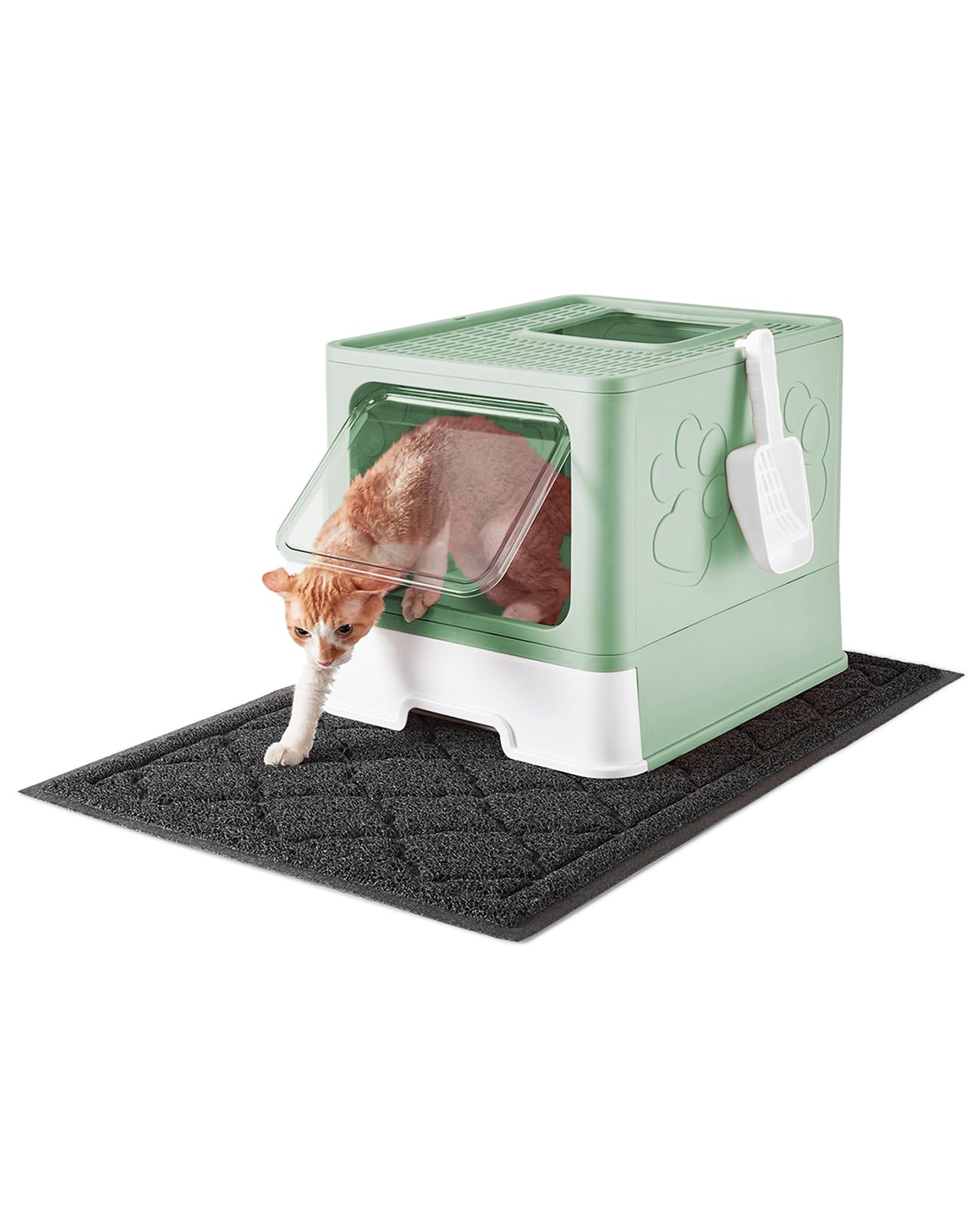 Medario Cat Litter Box With X-Large Litter Mat And Scoop, Large Foldable Litter Box With Lid, Enclosed Kitty Box,Front Top Entry