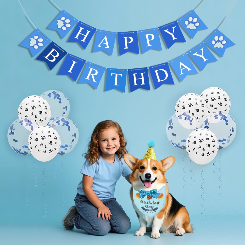 Enmaipet Dog Birthday Party Supplies, Blue Dog Bandana Set With Hat, Scarf, Banner, Balloons And Bowtie For Small To Large Dogs