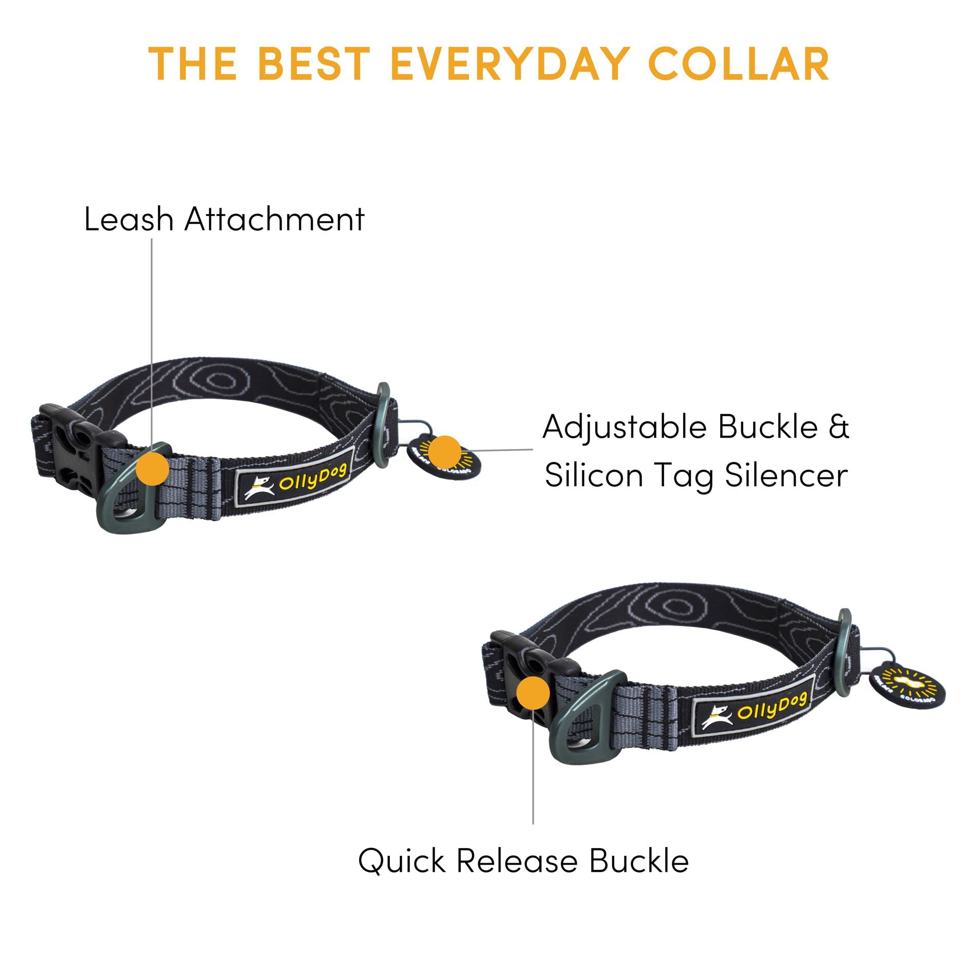 Ollydog Flagstaff Collar, Webbing Dog Collar With Side-Release Buckle, Lightweight Training Collar For Large, Medium And Small Dogs (Large, Raven Bark)