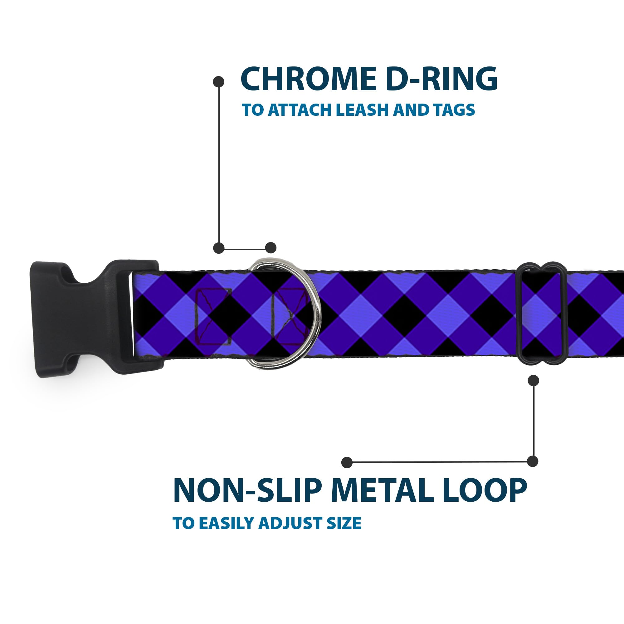 Buckle-Down Plastic Clip Collar - Diagonal Buffalo Plaid Black/Blue - 1/2' Wide - Fits 9-15' Neck - Large