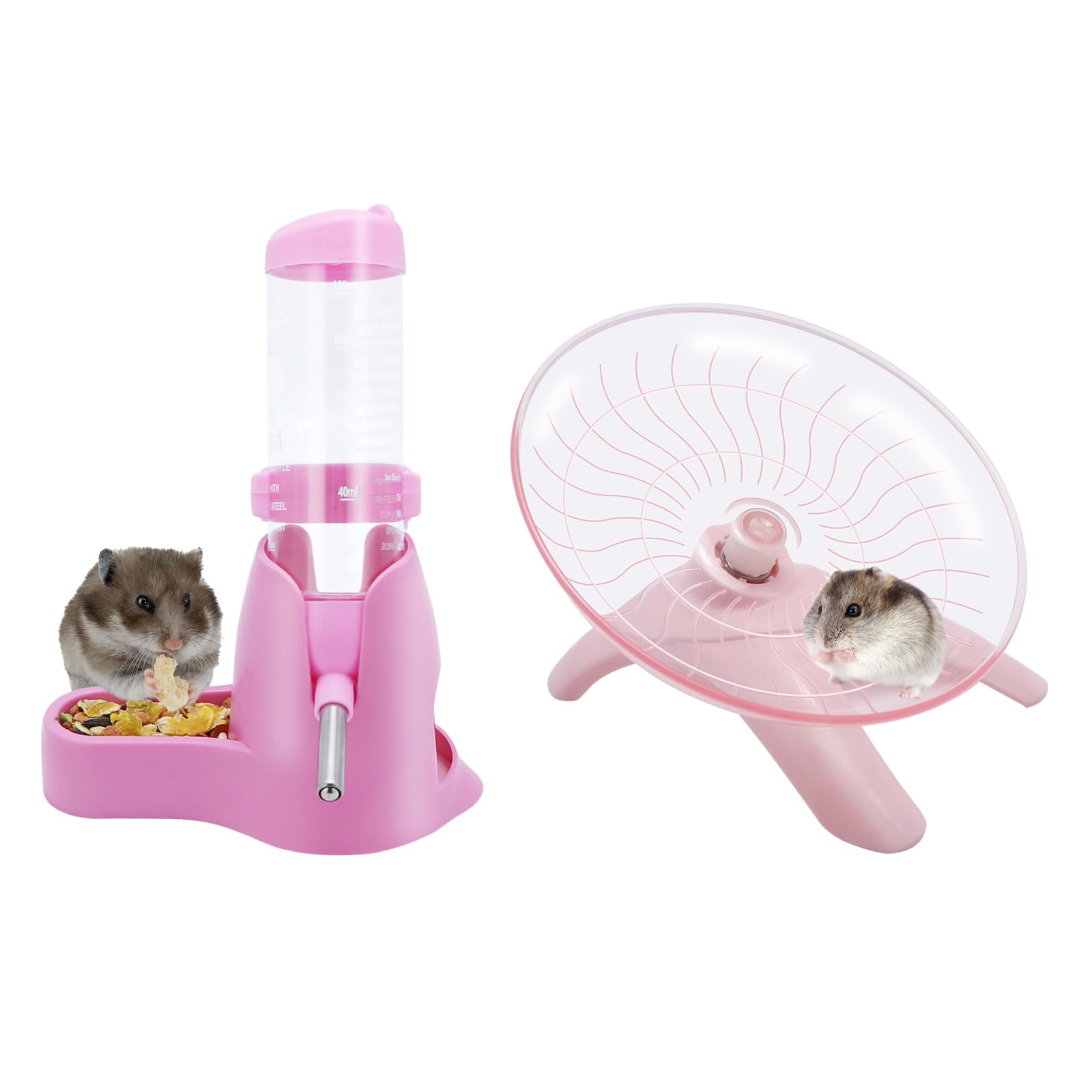 Wontee Hamster Water Bottle Water Dispenser Hamster Silent Exercise Running Wheel for Dwarf Hamsters Gerbil Mice (Pink, 125ML)